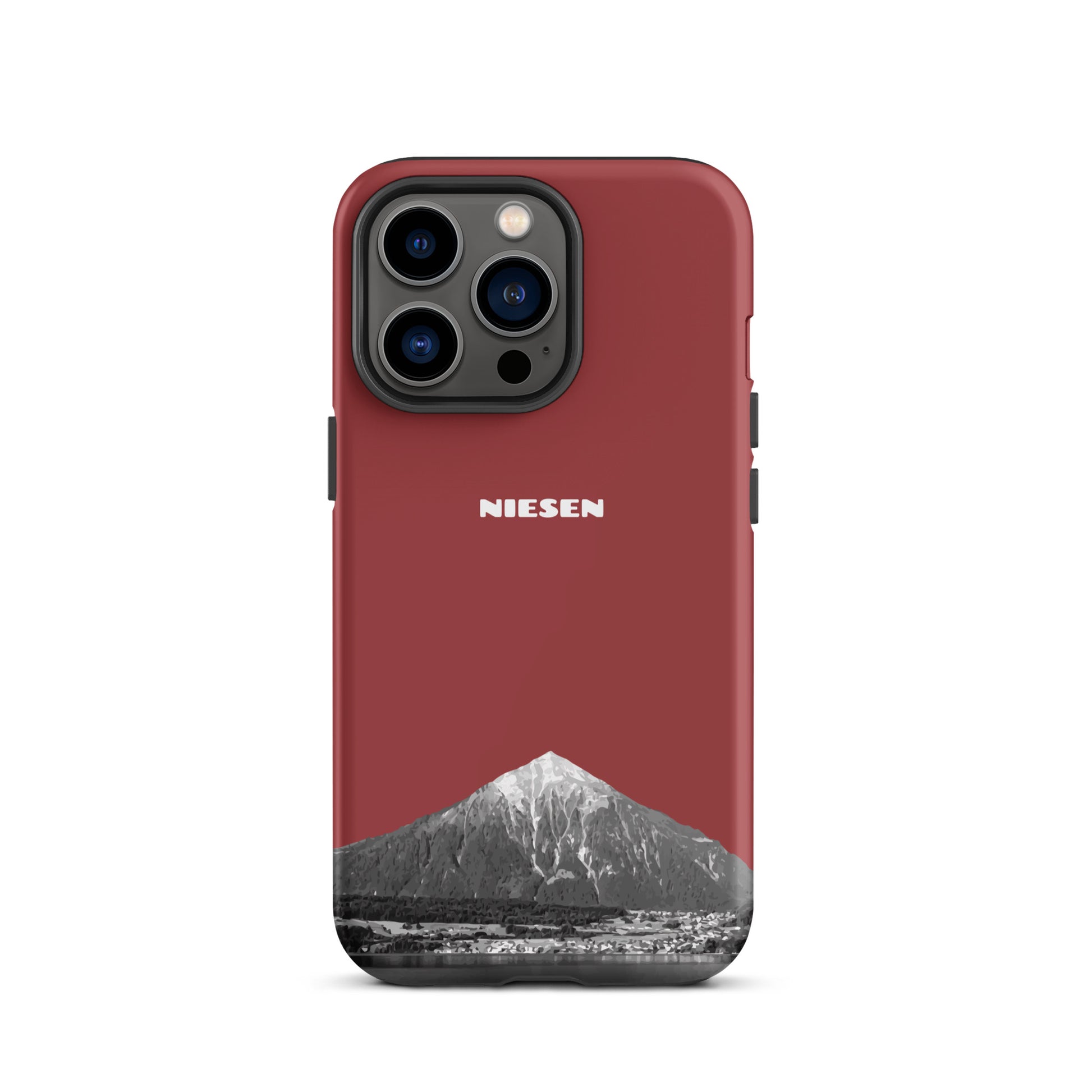 Rote iPhone 13 Pro Handyhülle mit mattem Finish und Niesen-Motiv aus dem Berner Oberland.
