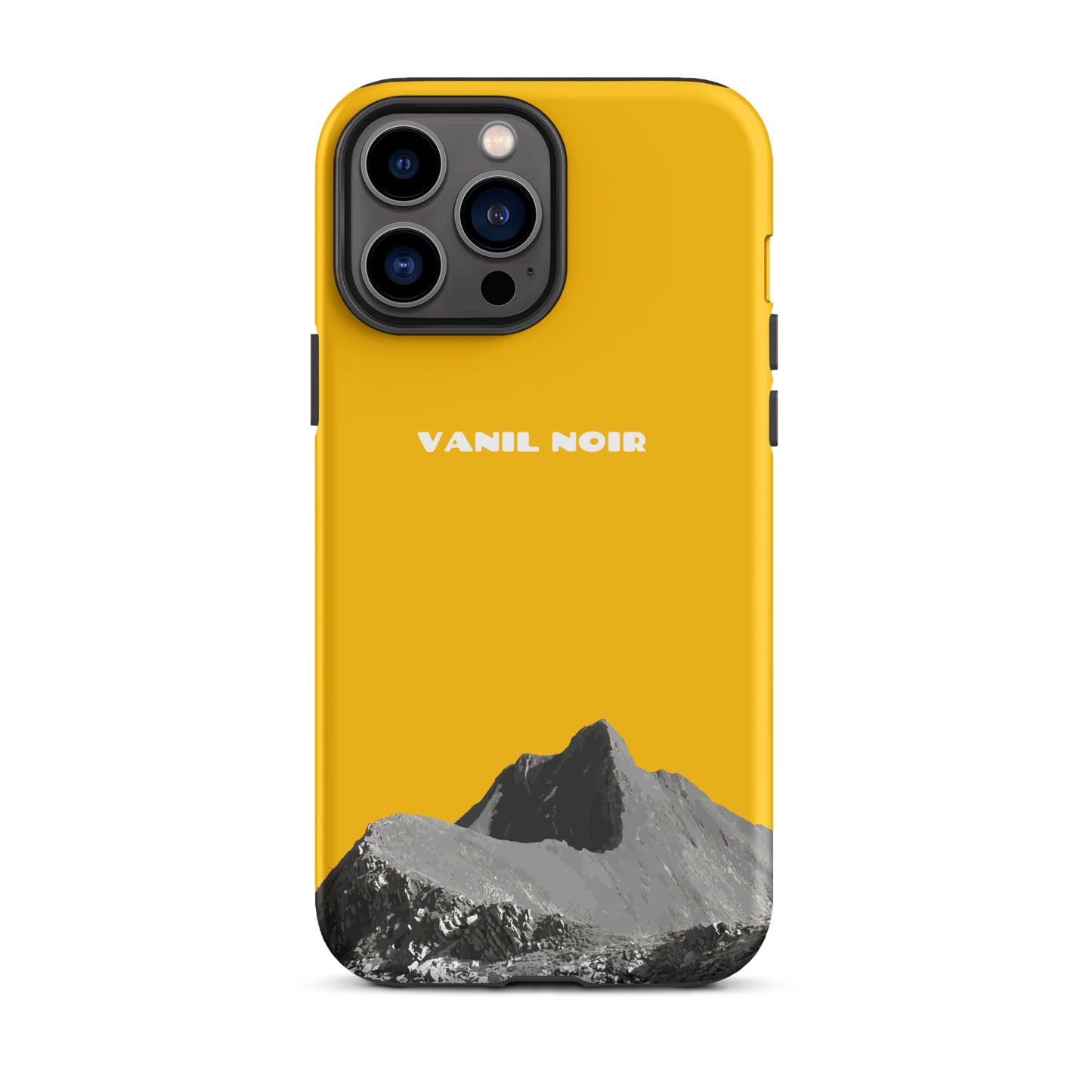 Goldgelbe iPhone 13 Pro Max Handyhülle aus mattem Material mit Vanil Noir Design, Vorderansicht.