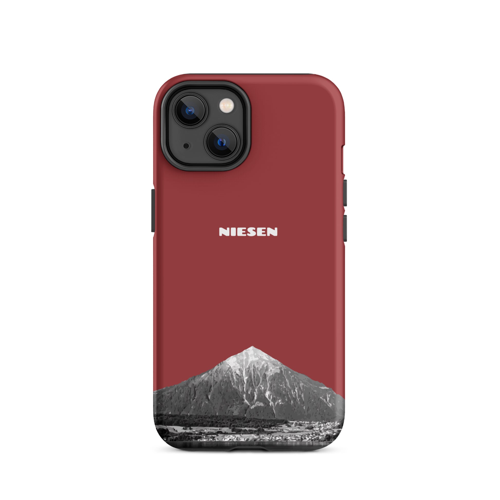 Rote iPhone 14 Handyhülle mit Niesen-Motiv, matt, stoßfest, Berner Oberland Design.