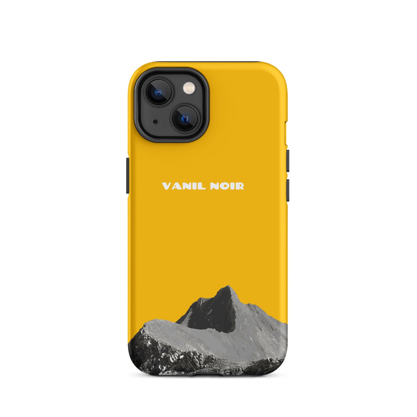 Goldgelbe iPhone 14 Hülle mit Vanil Noir Design, mattierte Oberfläche, stoßfest.