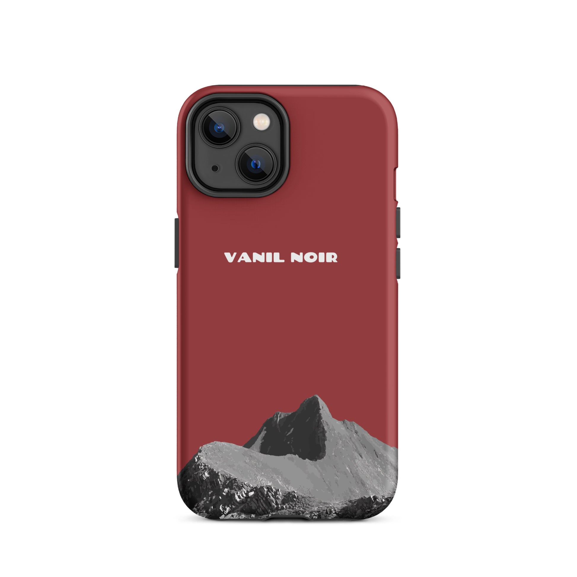 Rote iPhone 14 Hülle aus mattem Material mit Vanil Noir Logo, Vorderansicht.