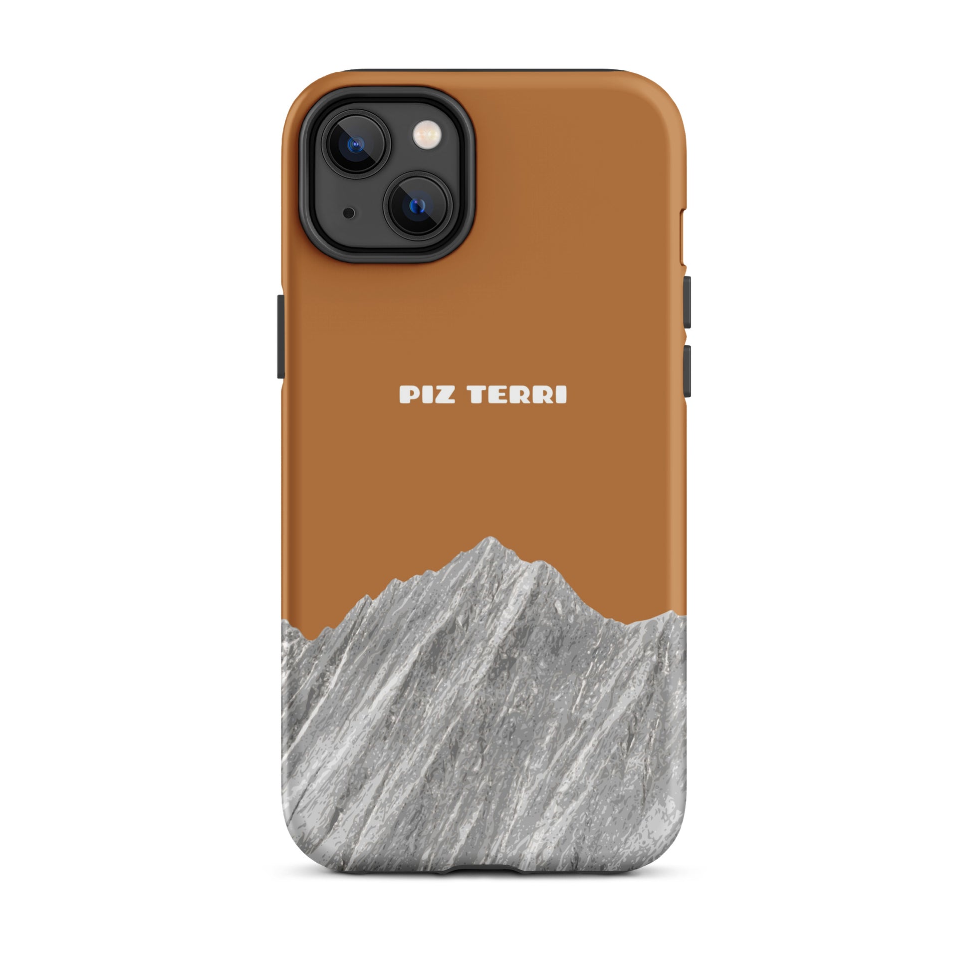 Matte iPhone 14 Plus Hülle in Kupfer mit Piz Terri Motiv, Vorderansicht