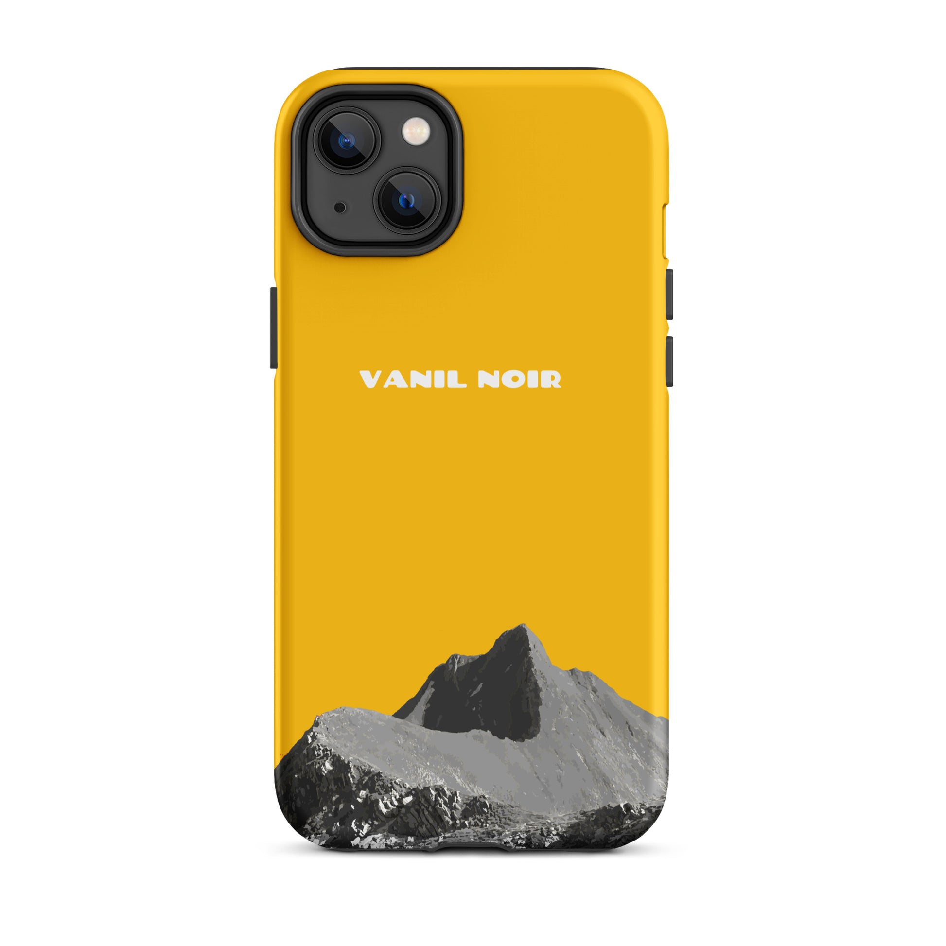 Goldgelbe iPhone 14 Plus Handyhülle mit Vanil Noir Design, mattierte Oberfläche, präzise Aussparungen.