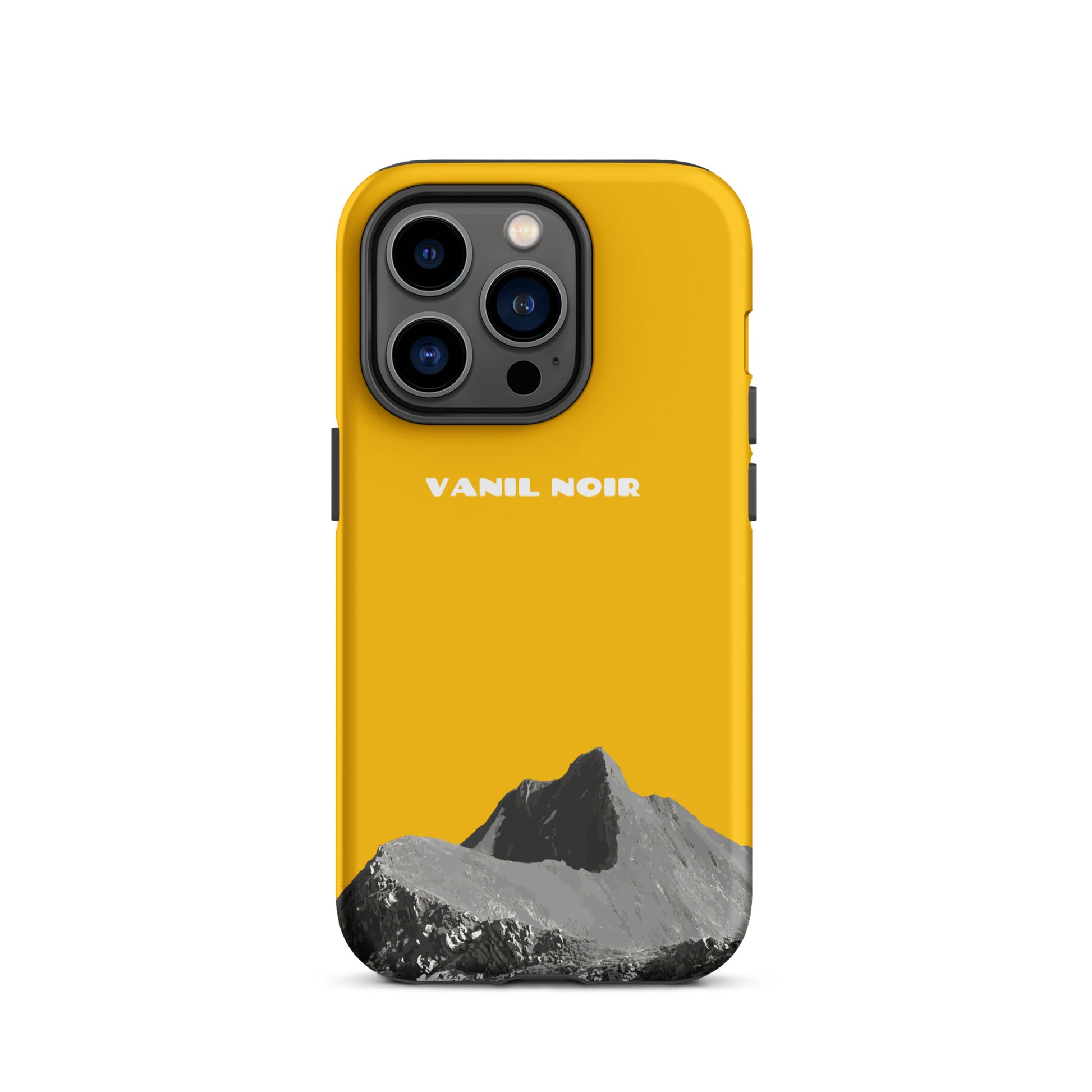 Goldgelbe iPhone 14 Pro Handyhülle aus mattem Material mit Vanil Noir Design, Vorderansicht.