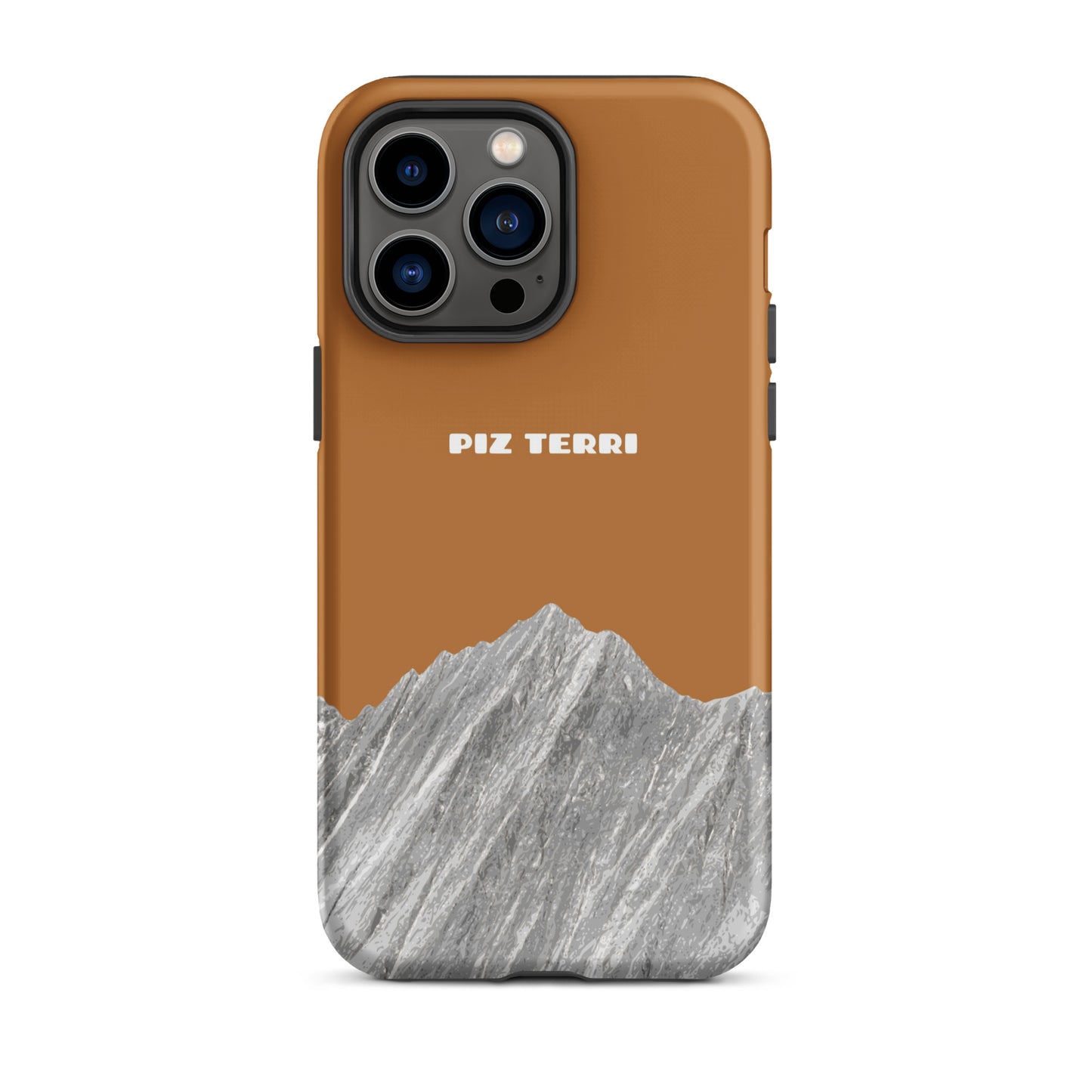 Matte iPhone 14 Pro Max Hülle in Kupfer mit Piz Terri Motiv, robustes Design mit Kanten-Schutz