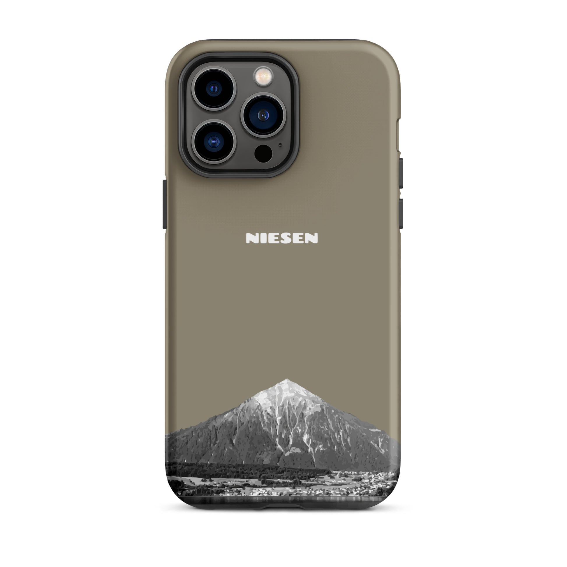 Graubraune iPhone 14 Pro Max Hülle mit mattem Finish und Niesen-Motiv aus dem Berner Oberland.