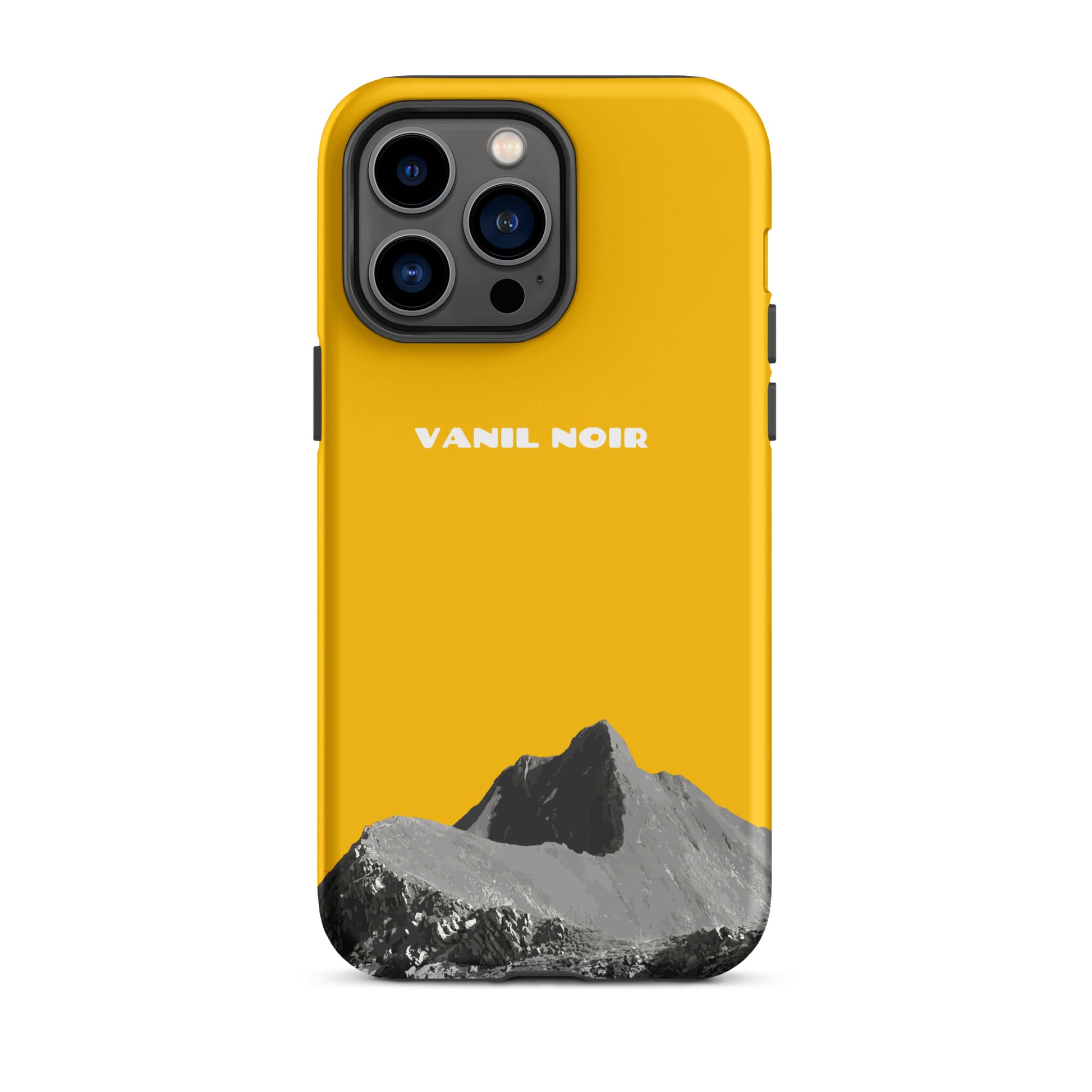 Goldgelbe iPhone 14 Pro Max Hülle mit Vanil Noir Design, matt und robust.