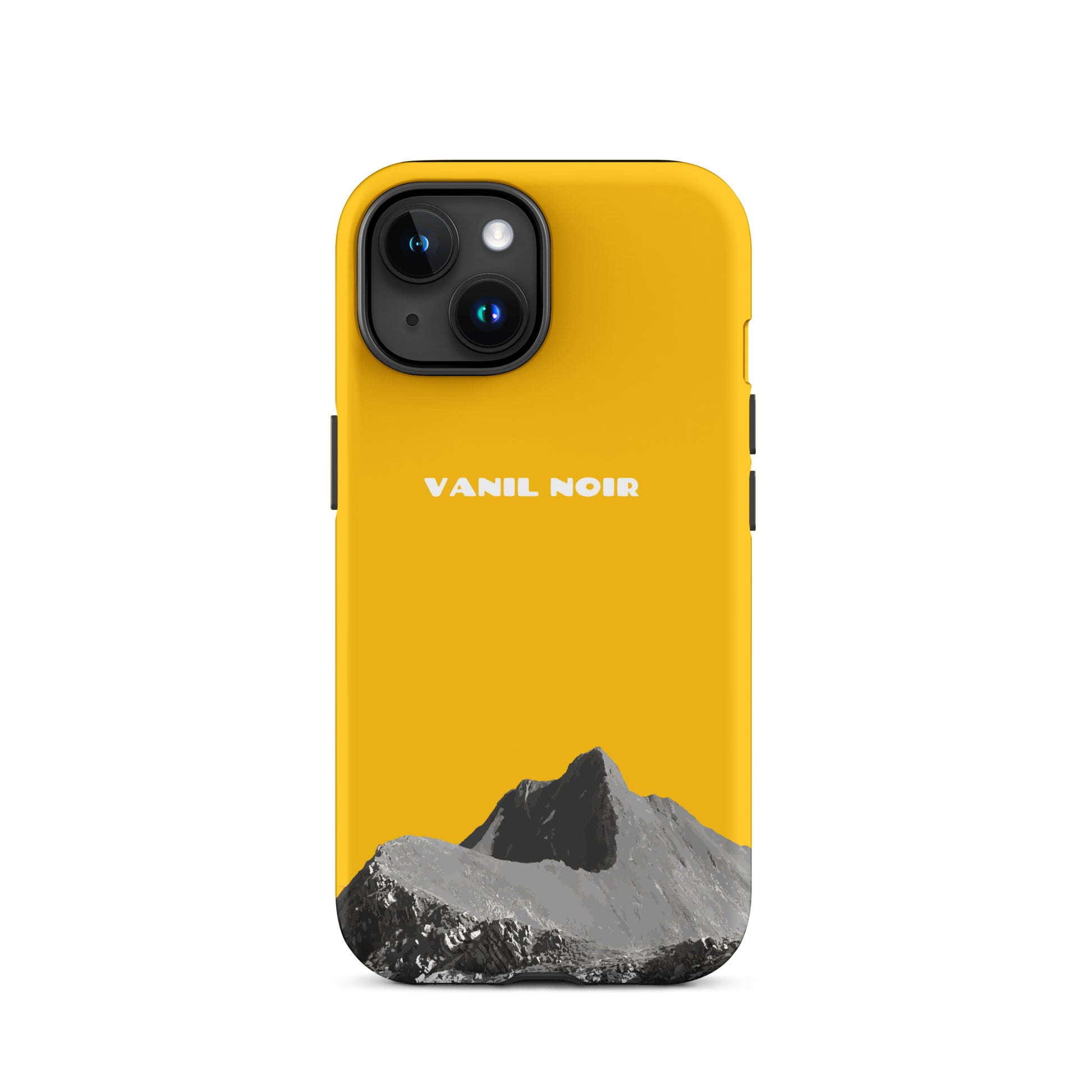 Goldgelbe iPhone 15 Hülle aus mattem Material mit Vanil Noir Motiv, Schutzhülle für Apple iPhone 15