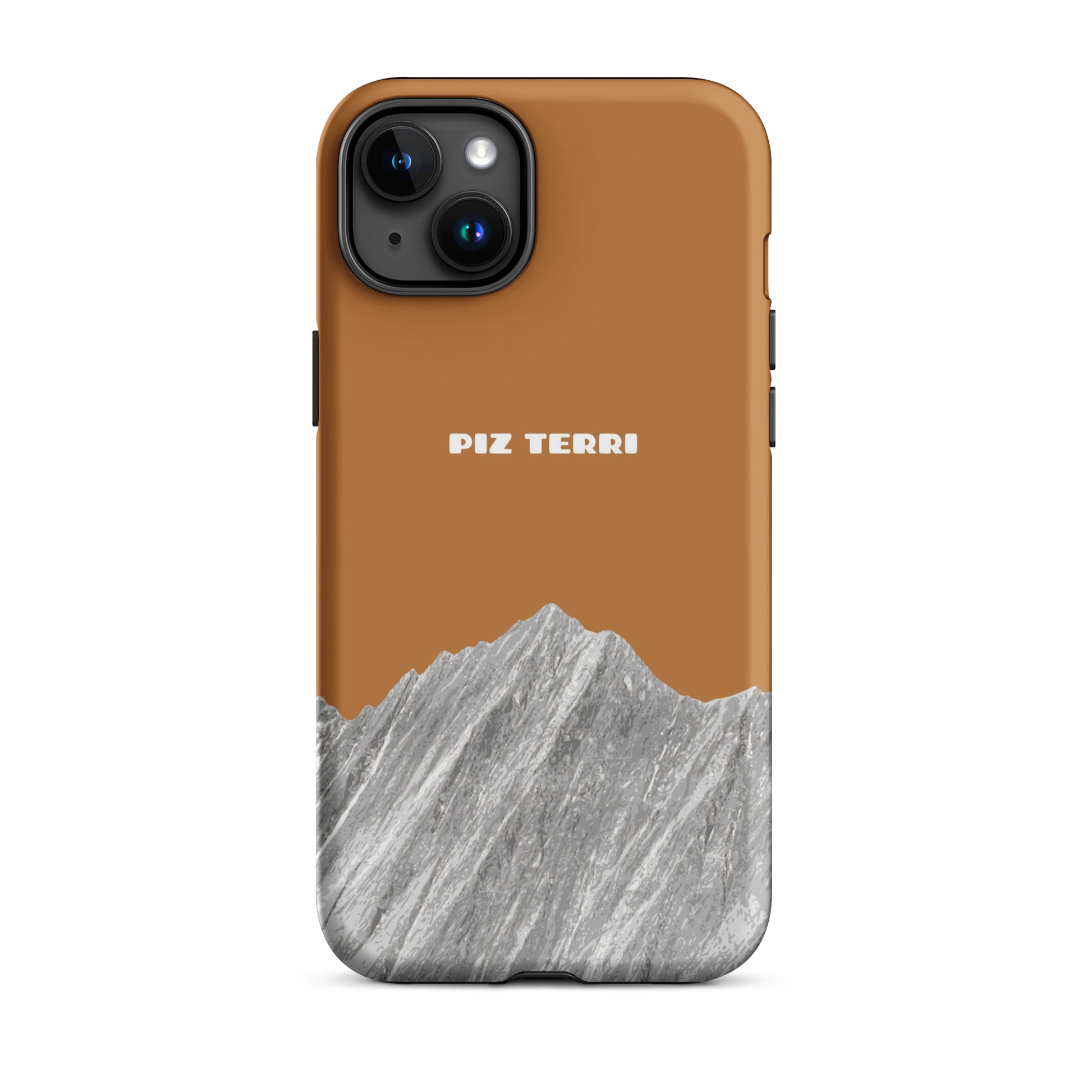Schwarze iPhone 15 Plus Handyhülle mit mattem Finish und Piz Terri Design in Kupferoptik
