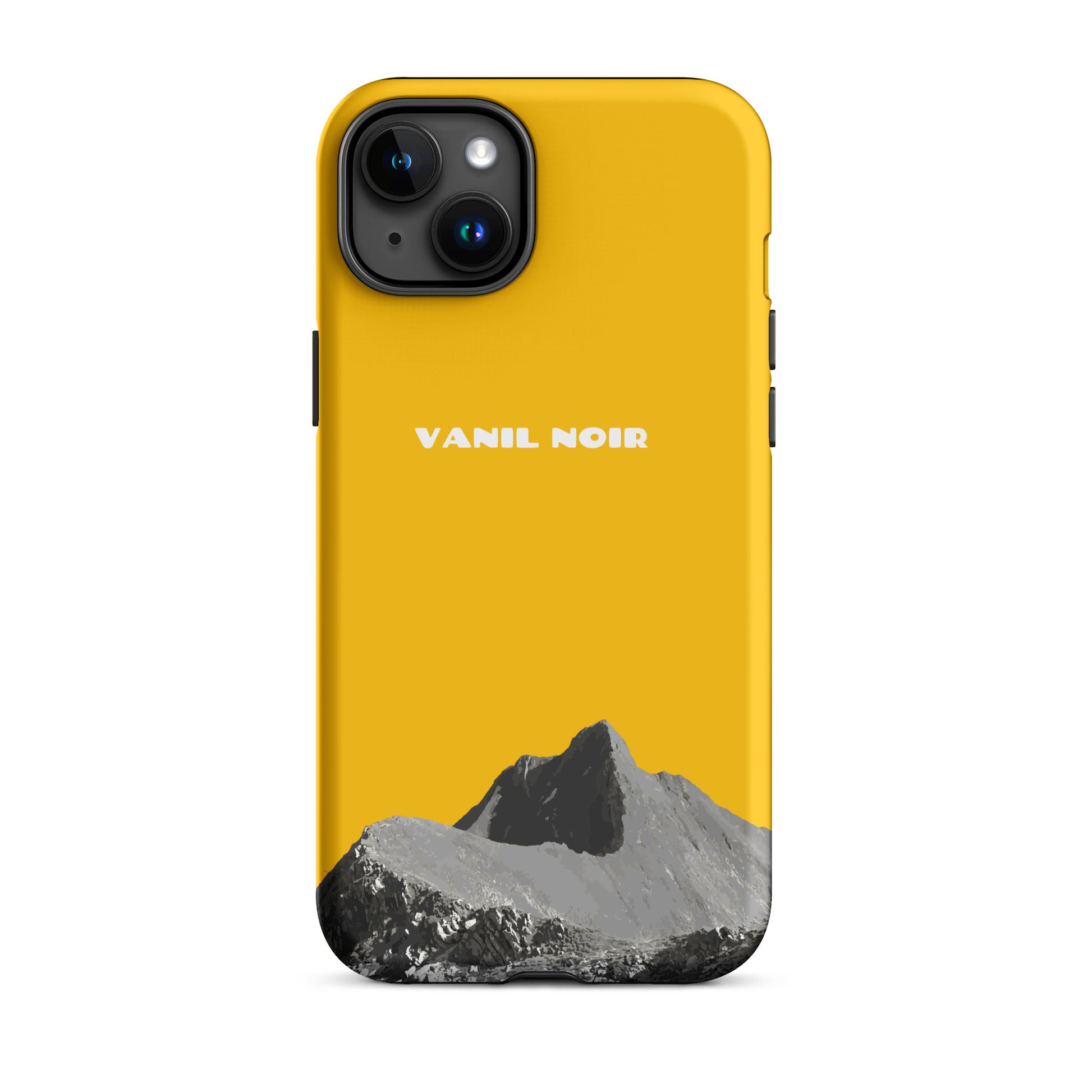 Goldgelbe iPhone 15 Plus Hülle mit Vanil Noir Design, mattierte Oberfläche, stoßfest