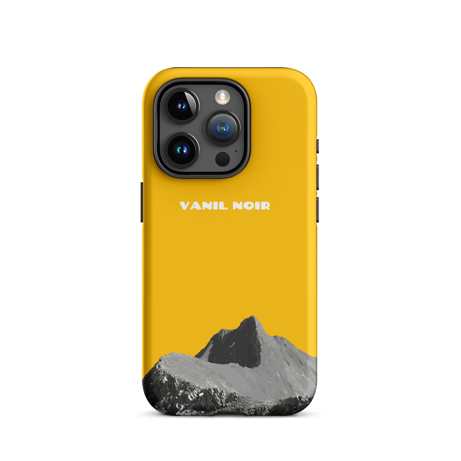 Matte iPhone 15 Pro Hülle in Goldgelb mit Vanil Noir Design, robust und stylisch.