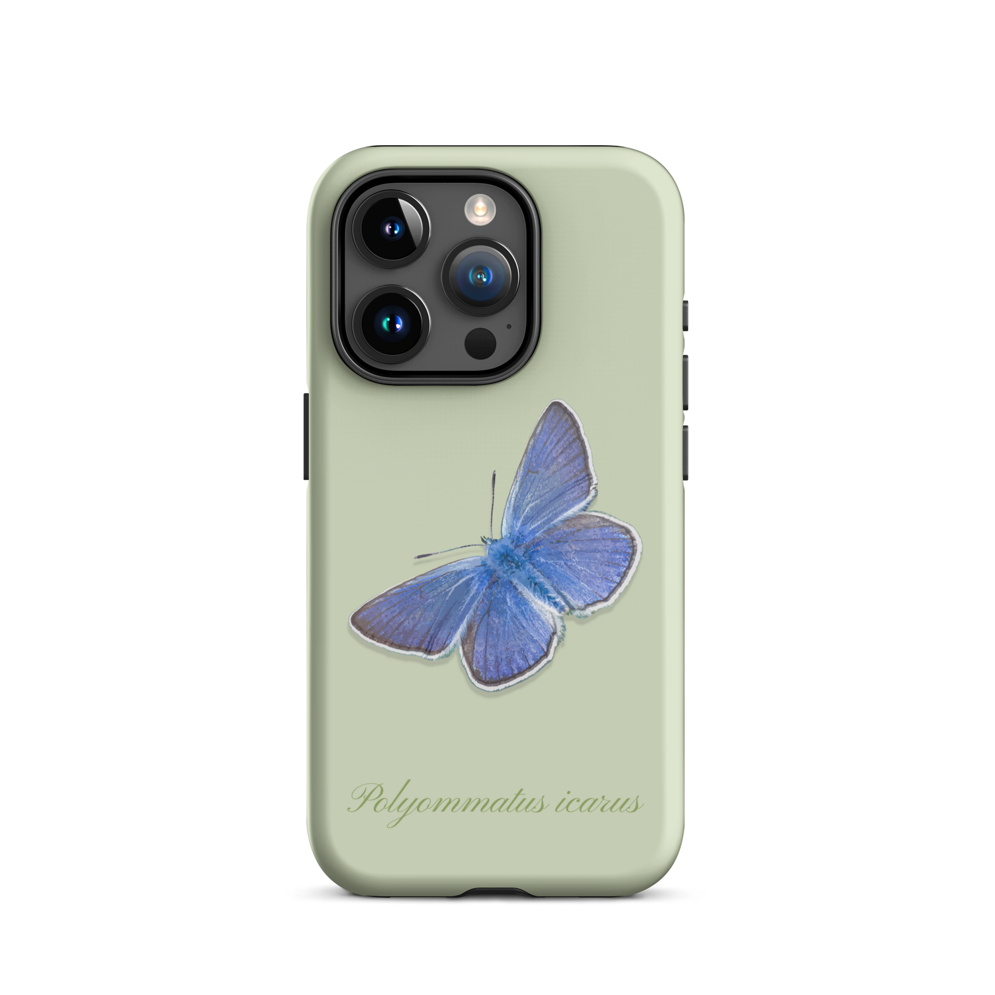 iPhone 15 Pro Hülle in Hellgrün, Bläuling Design, matt, stoßfest, mit präzisen Aussparungen.