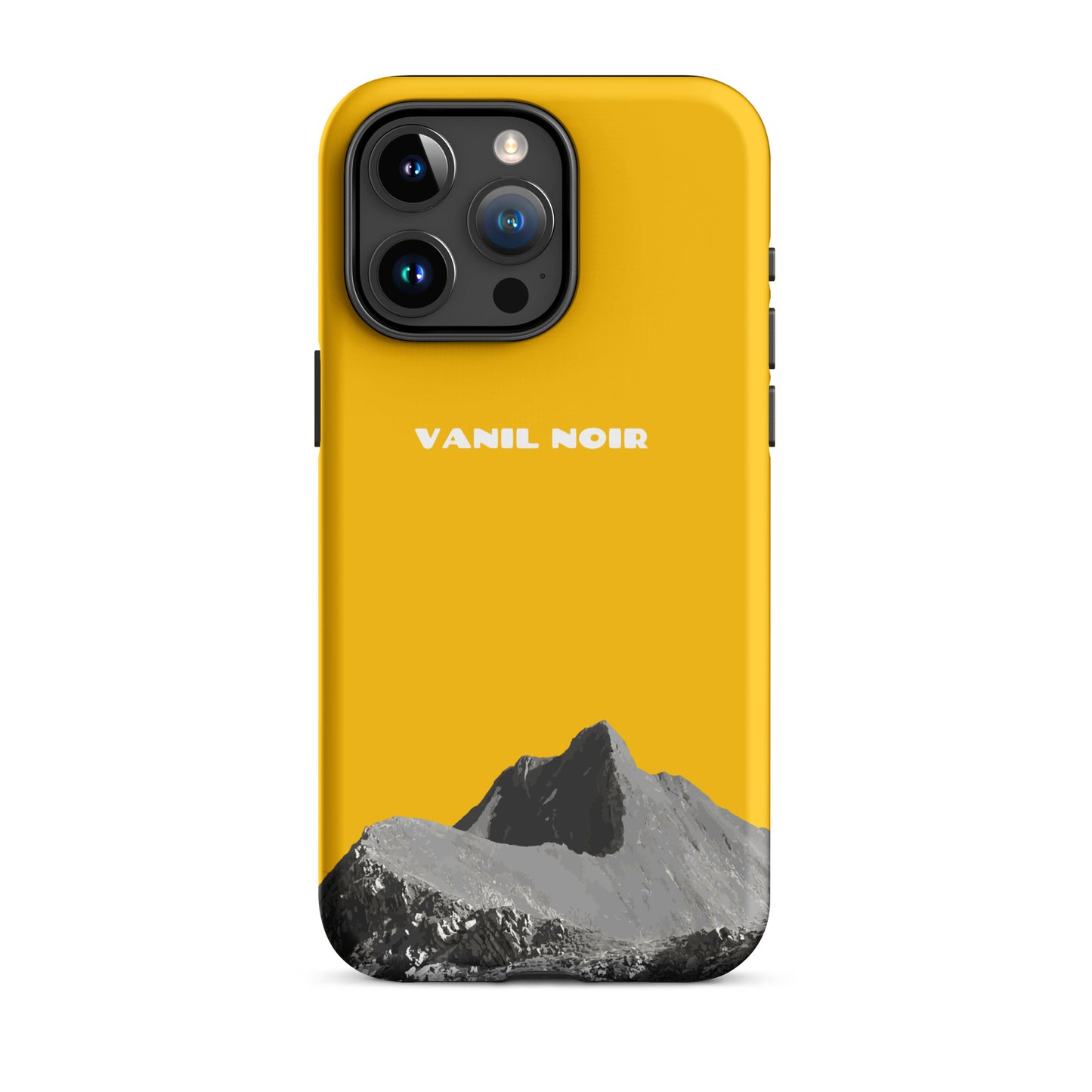 Goldgelbe iPhone 15 Pro Max Handyhülle mit Vanil Noir Motiv, matt, robuste Schutzhülle.