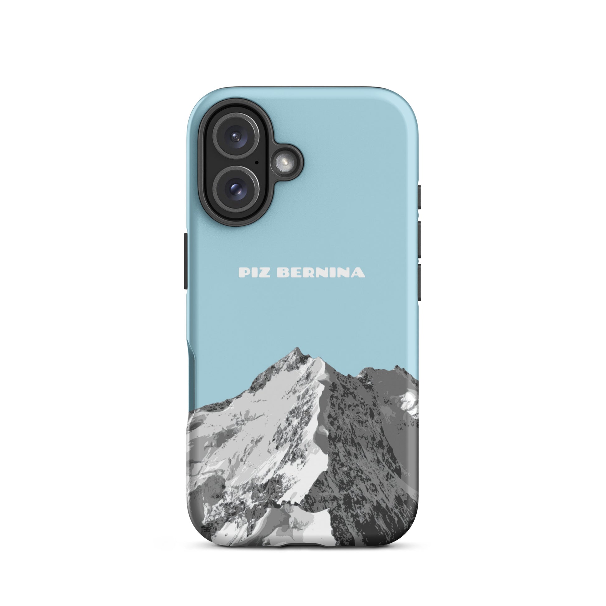 Matte Handyhülle für iPhone 16 in Hellblau mit Piz Bernina Motiv, Vorderansicht.