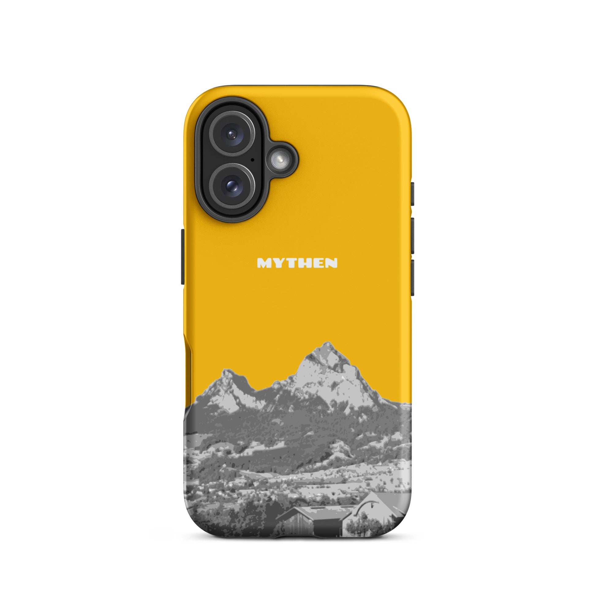 iPhone Case Mythen in Goldgelb, matt, robuste Handyhülle für iPhone 16, Vorderansicht