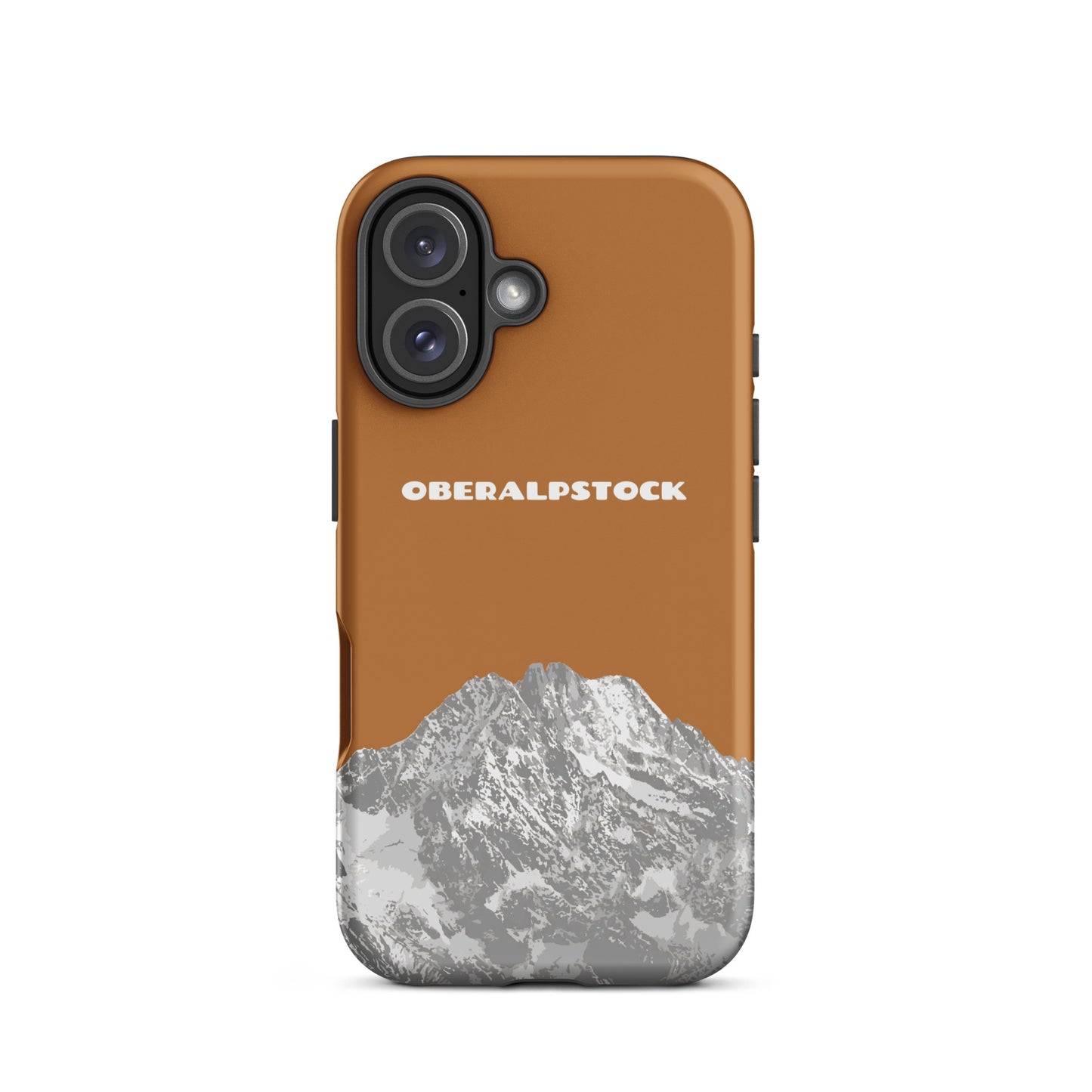 Matte iPhone-Hülle in Kupferoptik mit Oberalpstock-Motiv, robustes Design.