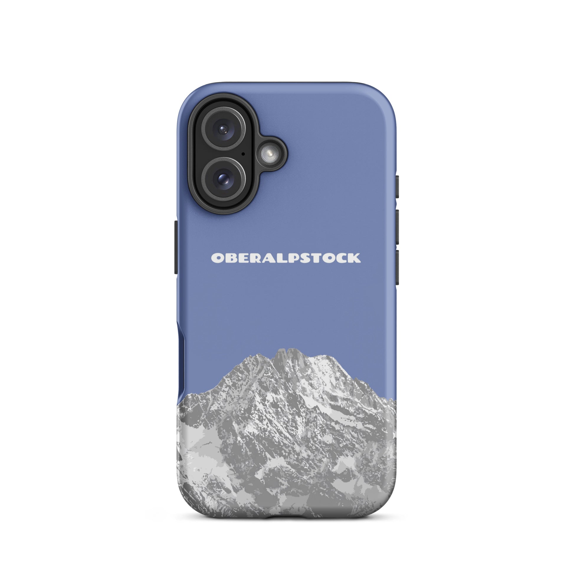 Matte Handyhülle für iPhone mit Oberalpstock-Motiv in Pastellblau, Vorderansicht.
