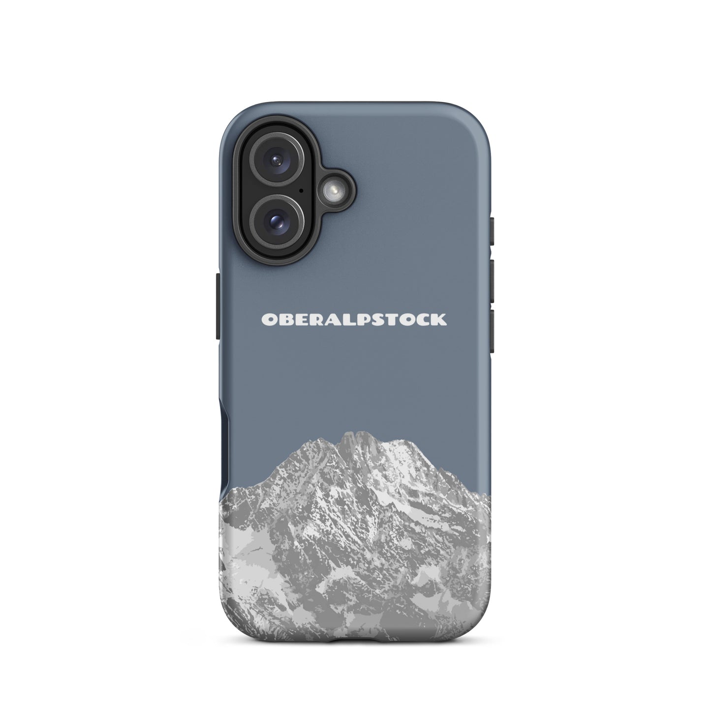 Matte iPhone 16 Handyhülle in Schiefergrau mit Oberalpstock Motiv und Vallada Logo