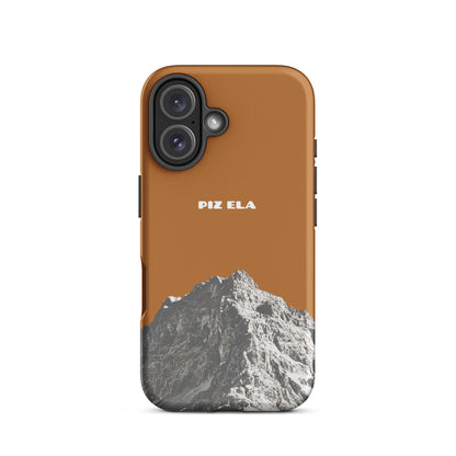 Robuste iPhone 16 Handyhülle in Kupferoptik mit Piz Ela Design, matte Oberfläche, Vorderansicht.
