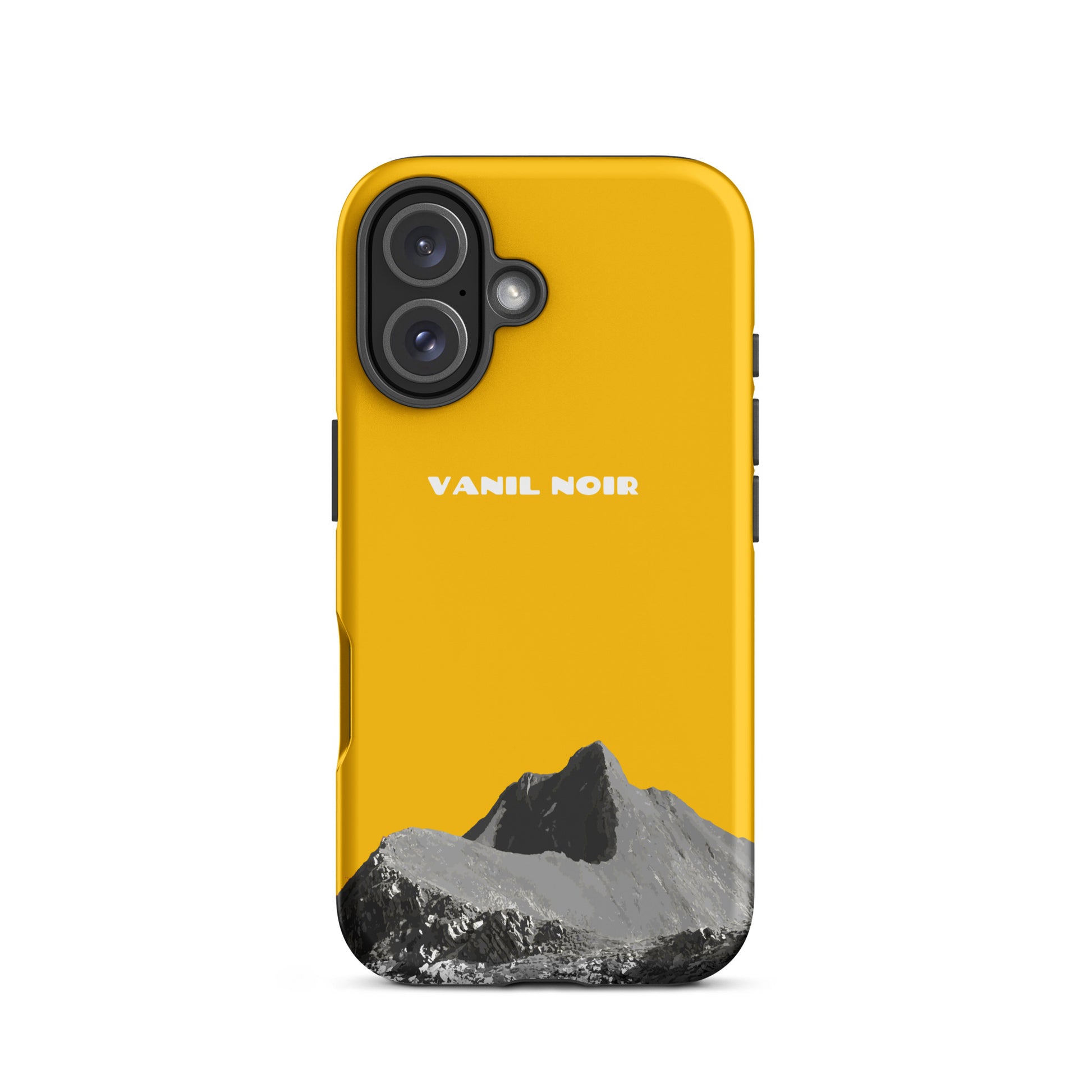 Goldgelbe iPhone 16 Handyhülle mit Vanil Noir Design, mattierte Oberfläche, stoßfest.