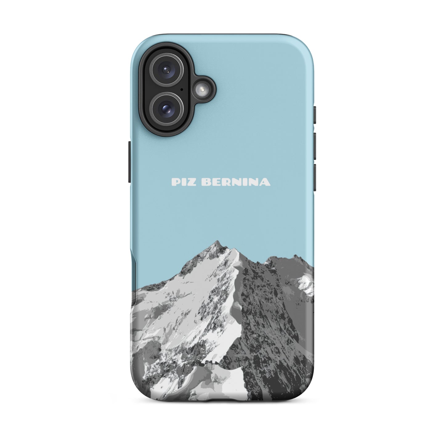 Matte Handyhülle für iPhone mit Piz Bernina Motiv in Hellblau, Vorderansicht.