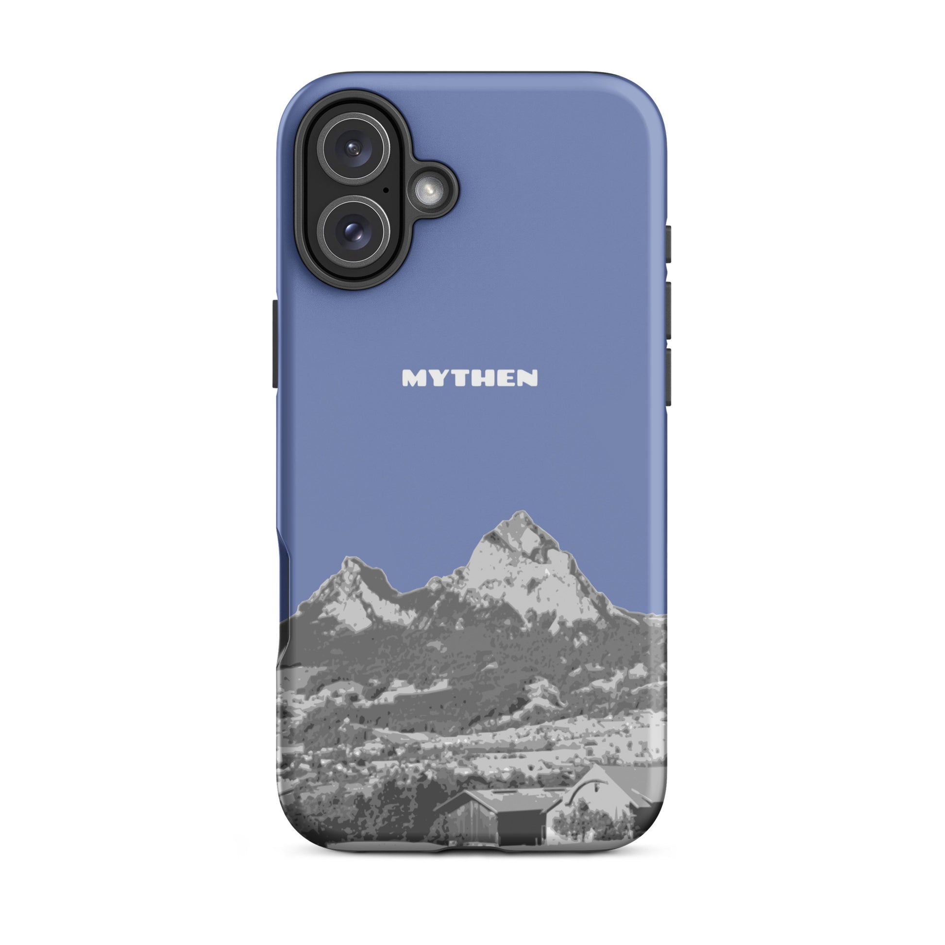 Matte Handyhülle für iPhone in Pastellblau mit Mythen-Motiv, Vorderansicht.