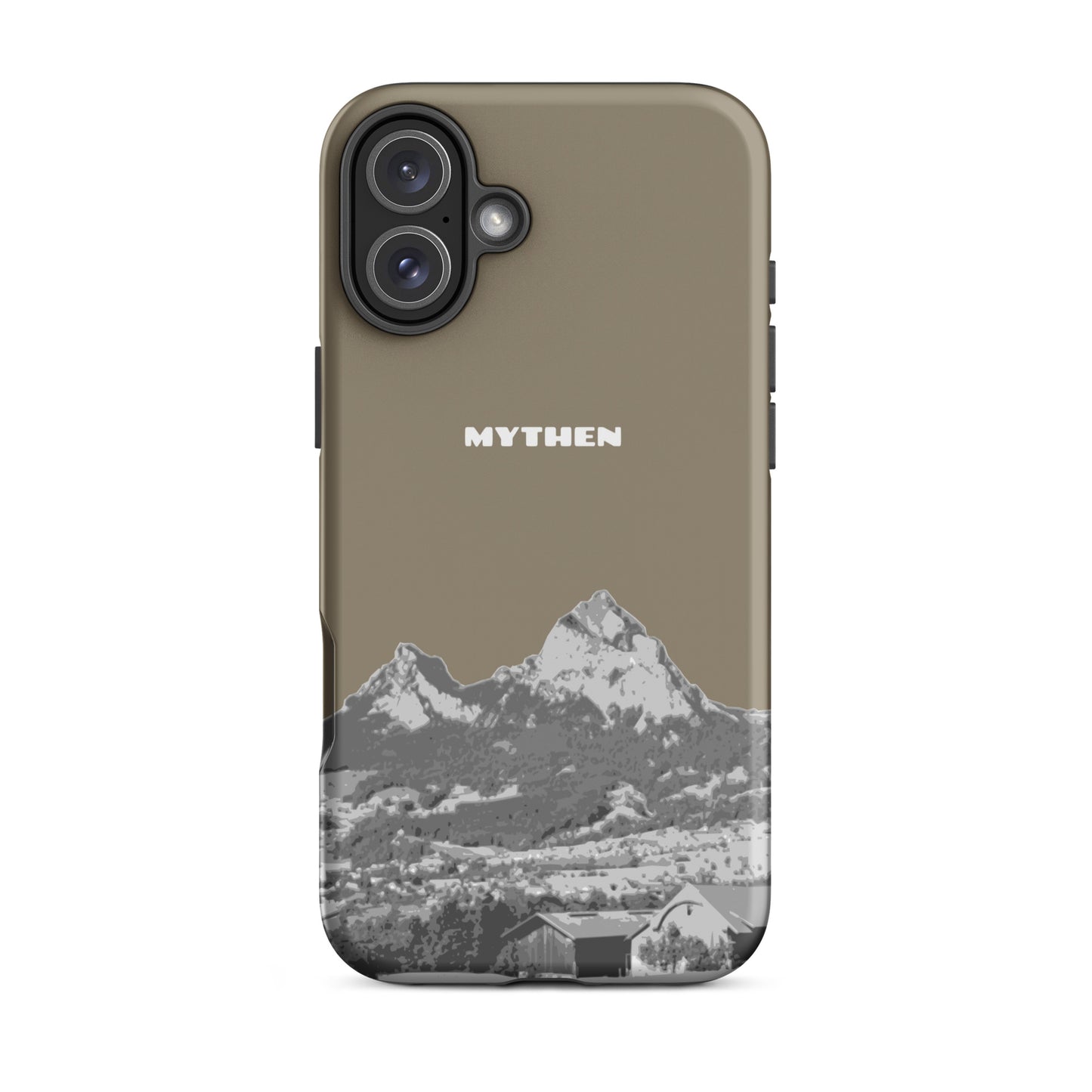 iPhone 16 Plus Hülle in Graubraun mit Mythen-Motiv, matt, robuste Silikonhülle