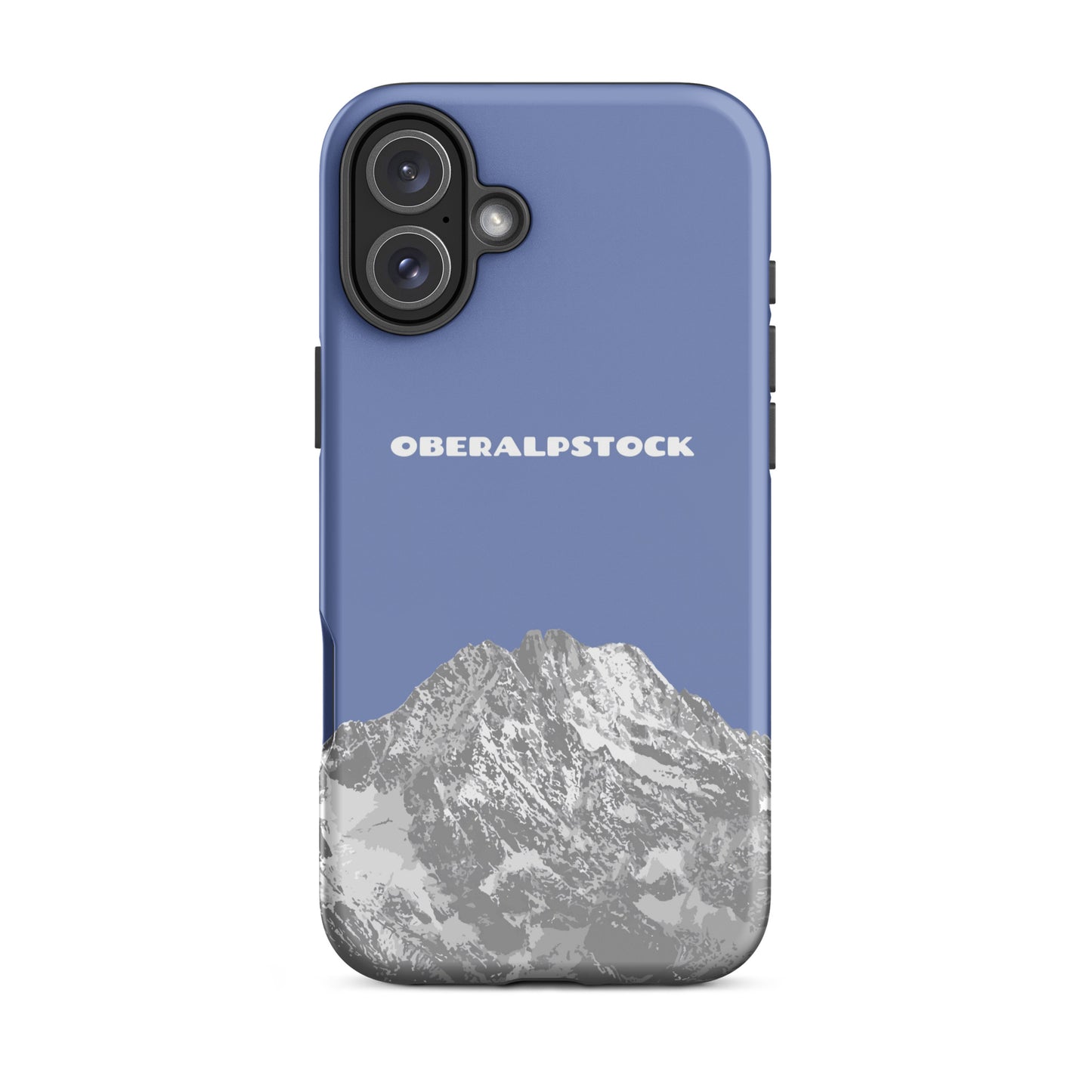 Robuste iPhone Handhülle in Pastellblau mit mattem Finish und Oberalpstock Motiv.