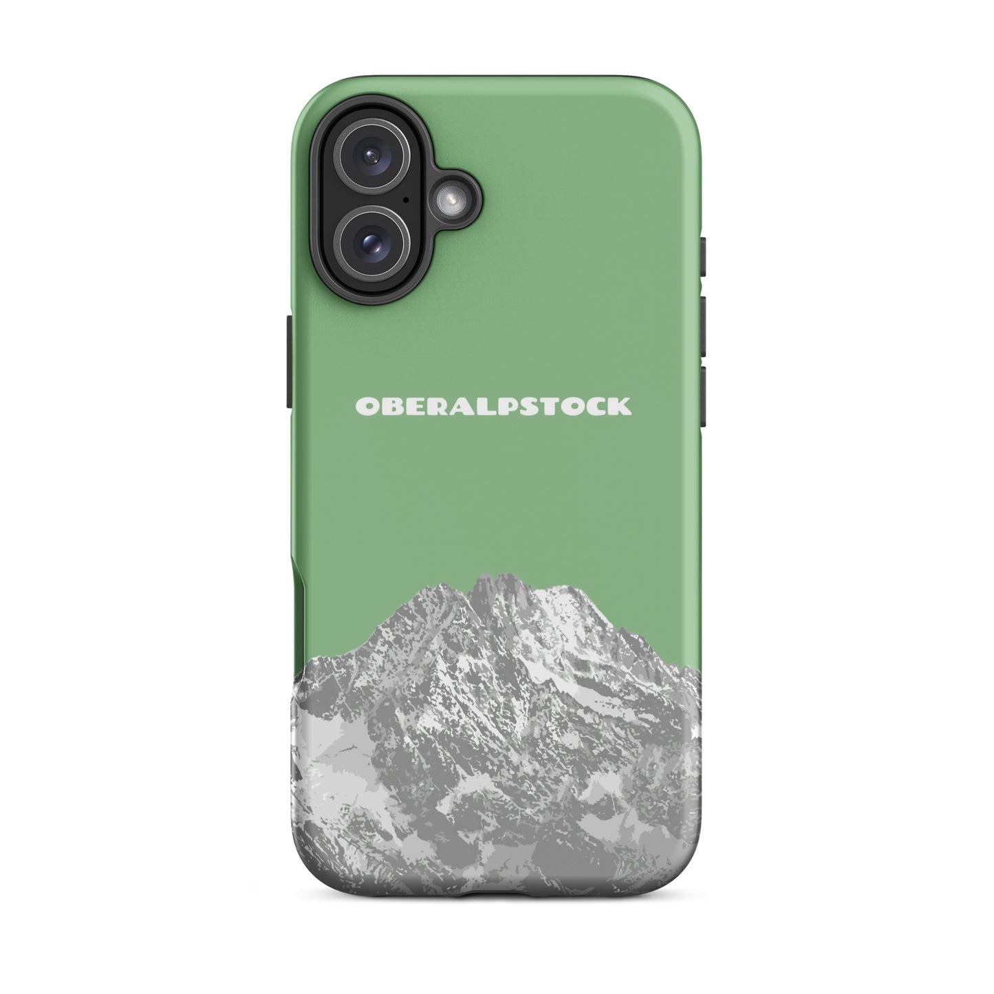 Matte Handyhülle für iPhone in Hellgrün mit Bergmotiv des Oberalpstocks.