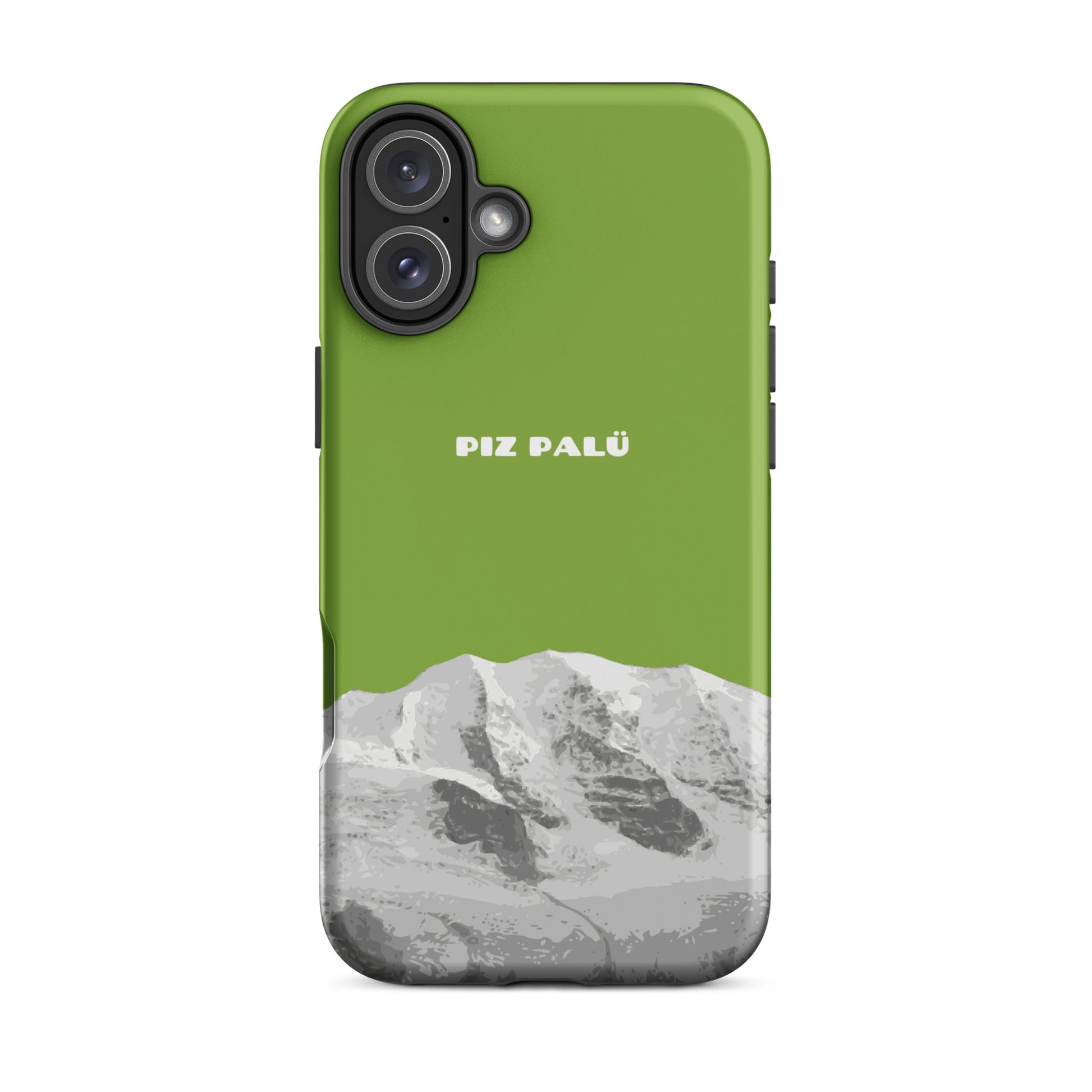 Gelbgrüne iPhone-Hülle mit mattem Finish, Piz Palü Motiv, stoßfest, passend für iPhone 16 Plus.