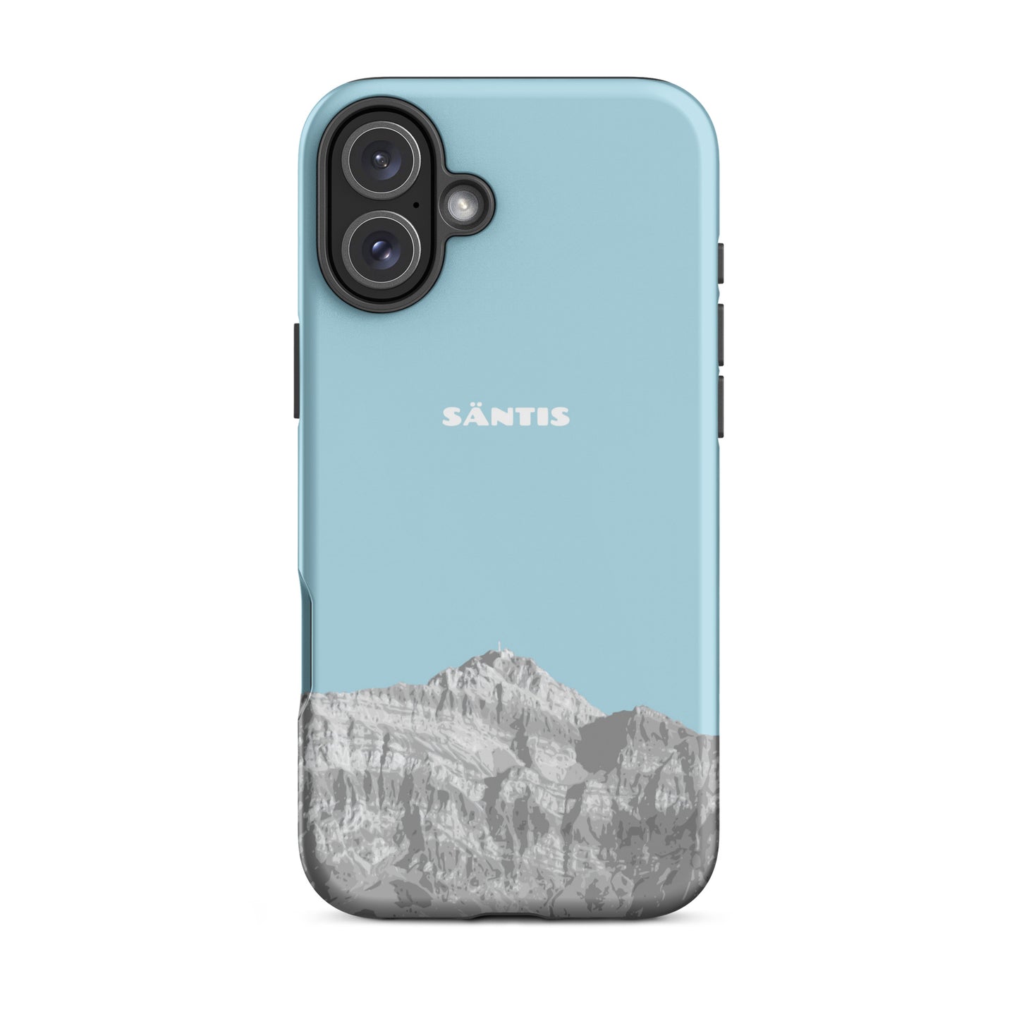 Matte Handyhülle für iPhone in Hellblau mit Säntis-Print, Vorderansicht.