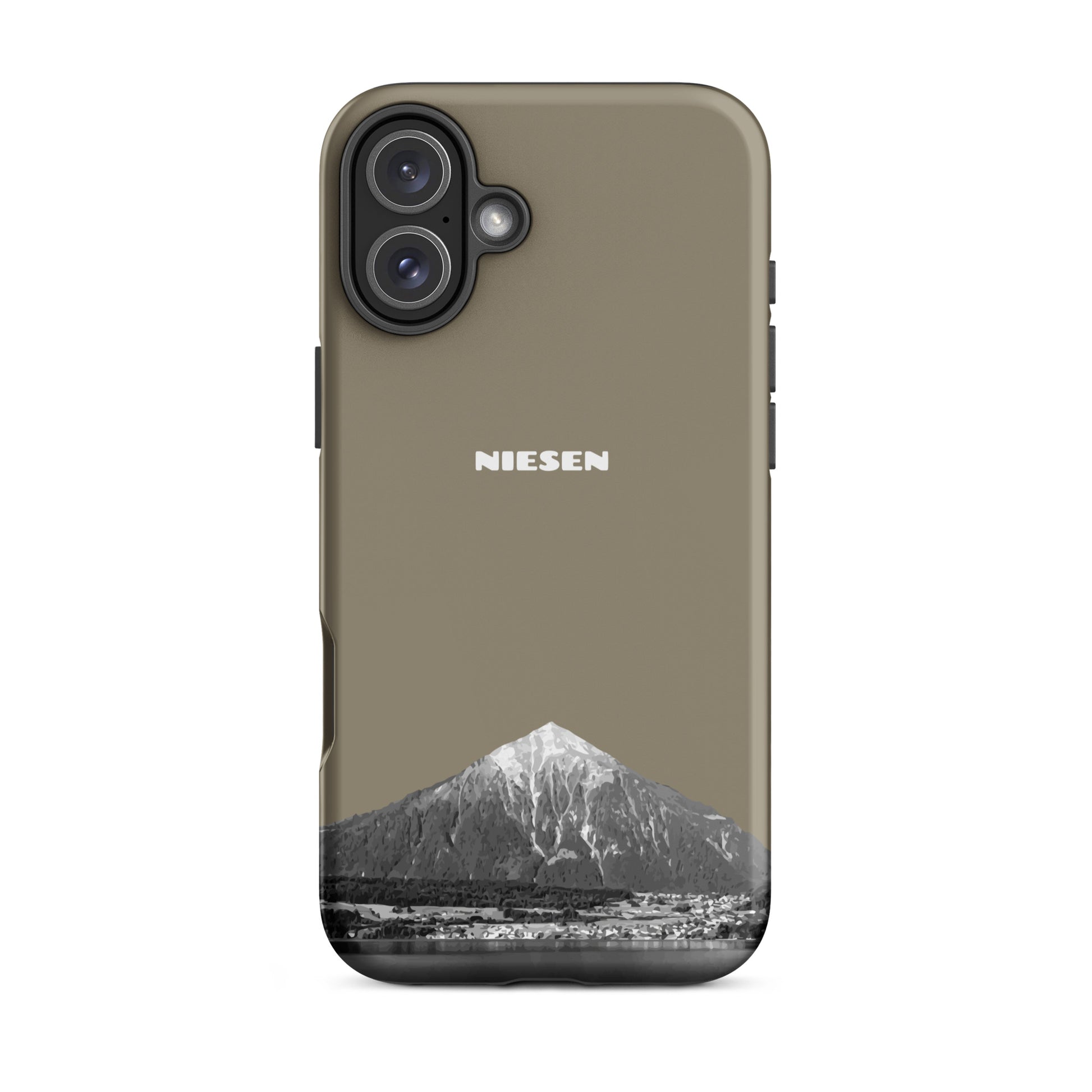 Graubraune iPhone 16 Plus Handyhülle mit matte Oberfläche und Niesen-Motiv aus dem Berner Oberland.