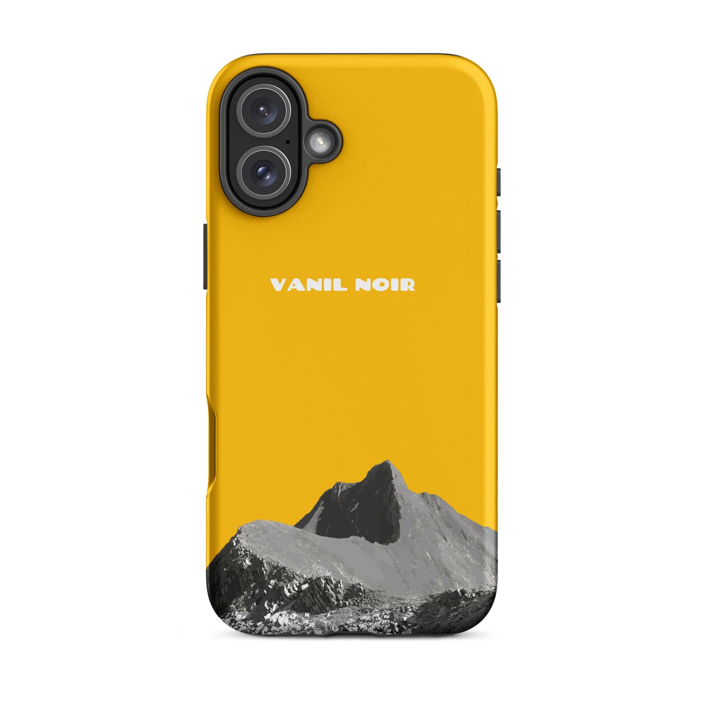 Goldgelbe iPhone 16 Plus Hülle mit Vanil Noir Design, mattierte Oberfläche, stoßfest.