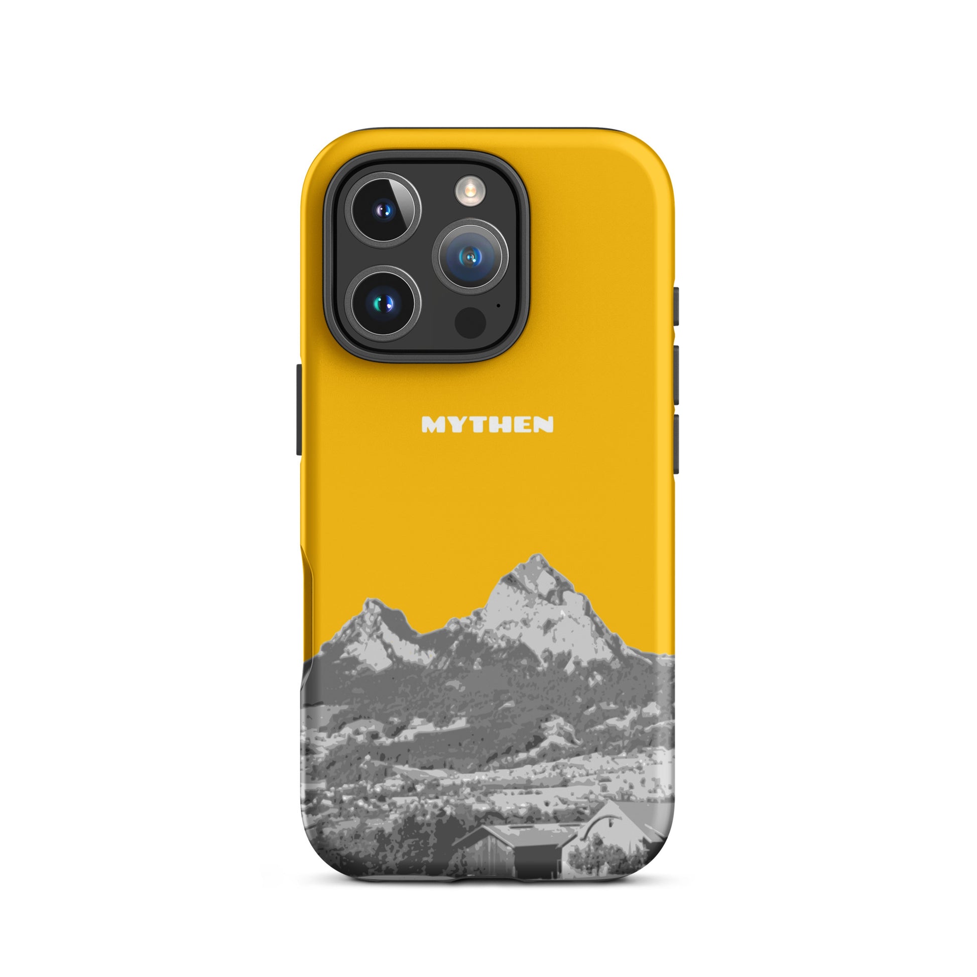 Matte iPhone 16 Pro Handyhülle in Goldgelb mit Mythen-Design, robuste Schutzhülle für iPhone.