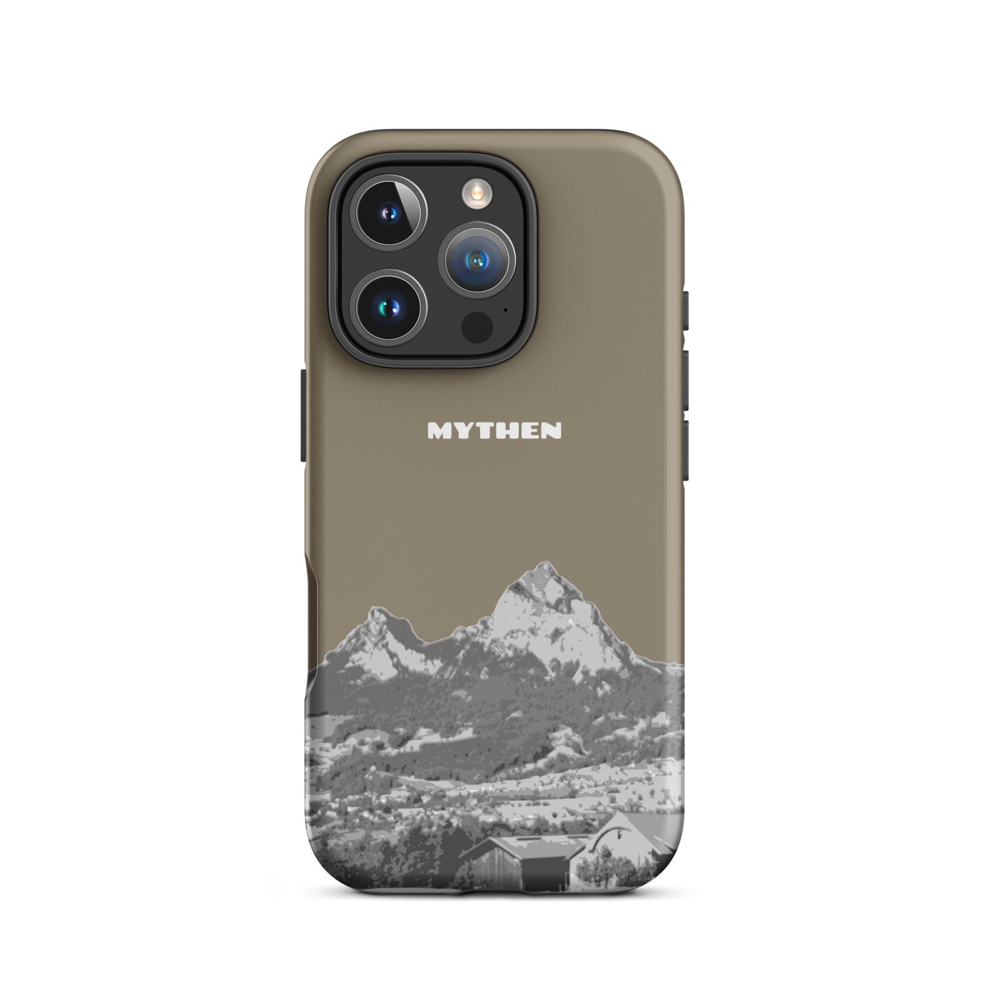 Matte Handyhülle für iPhone 16 Pro in Graubraun mit Mythen-Design, Vorderansicht.