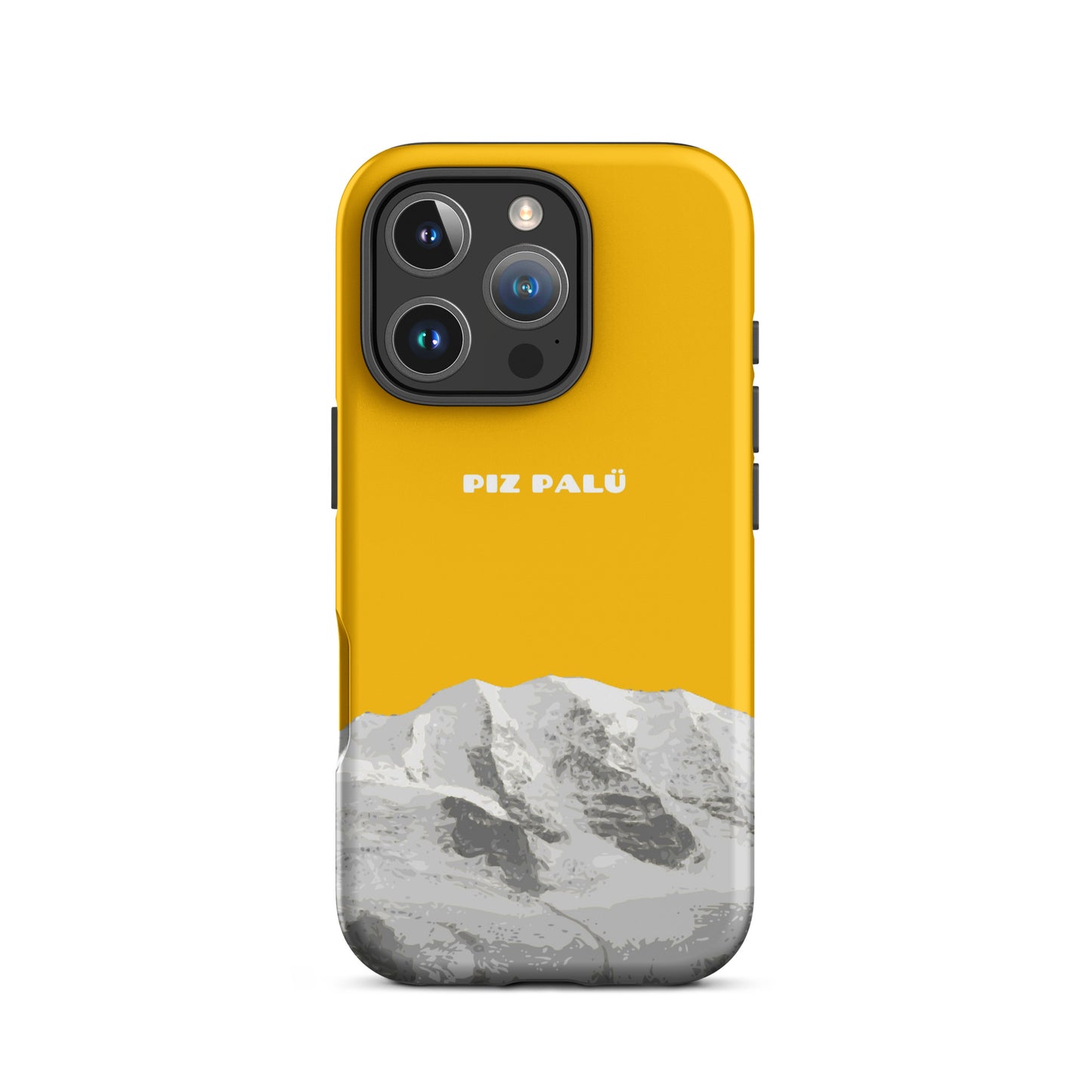 Matte iPhone 16 Pro Handyhülle in Goldgelb mit Piz Palü Motiv, Vorderansicht.
