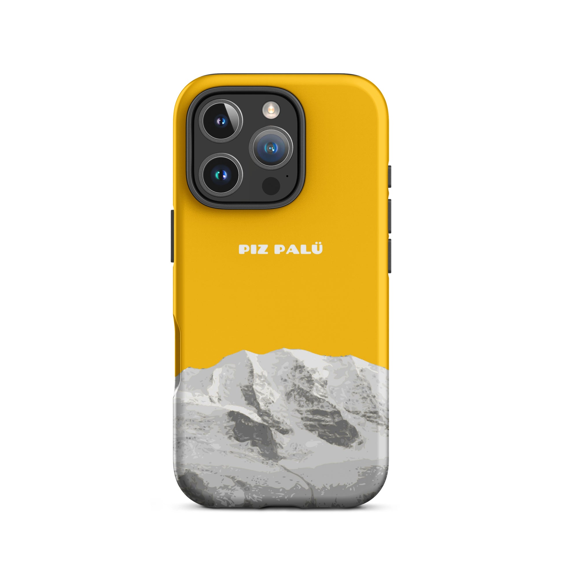 Matte iPhone 16 Pro Handyhülle in Goldgelb mit Piz Palü Motiv, Vorderansicht.