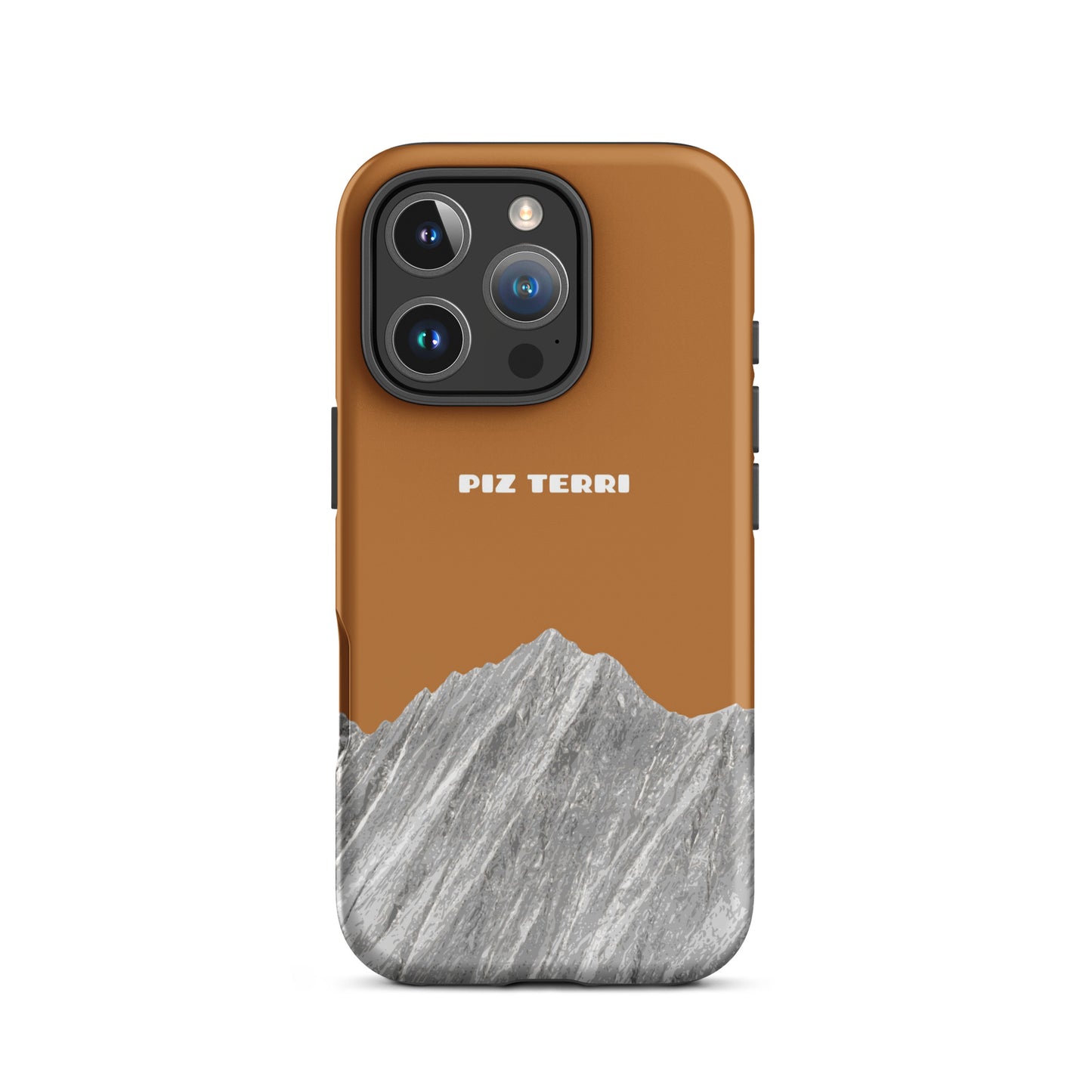 Schutzhülle für iPhone 16 Pro in Kupfer mit matter Oberfläche und Piz Terri Design.