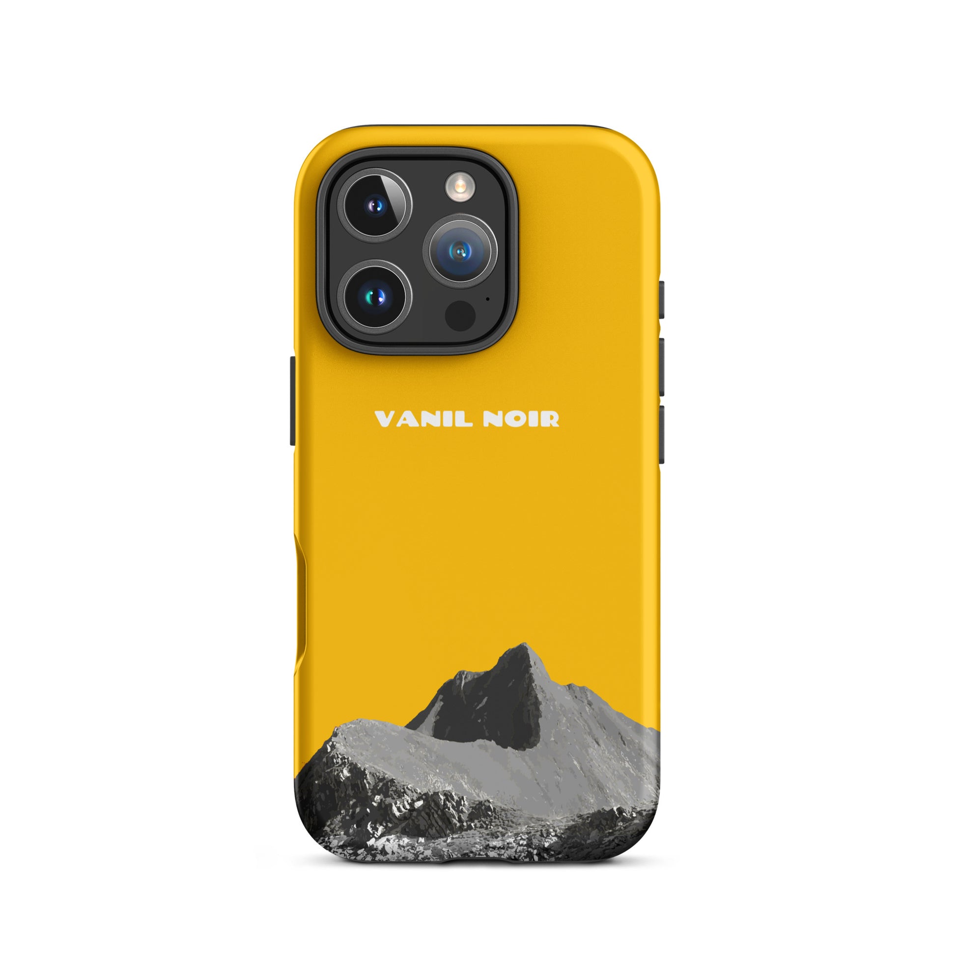 Goldgelbe iPhone 16 Pro Handyhülle mit Vanil Noir Design, robuste Silikonhülle mit mattem Finish
