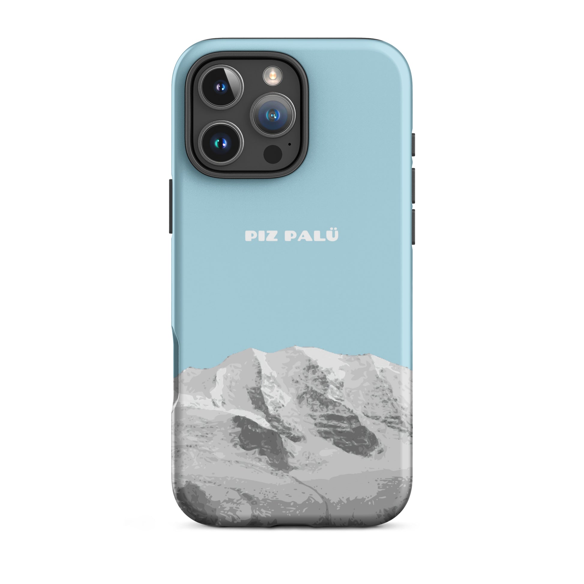 Matte Handyhülle für iPhone 16 Pro Max in Hellblau mit Piz Palü Motiv, Vorderansicht.