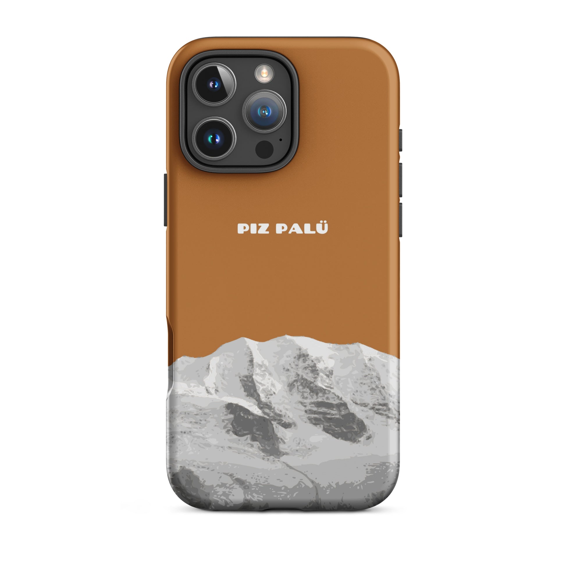 Schwarze iPhone Handyhülle mit mattem Finish und Bergmotiv Piz Palü in Kupferfarbe