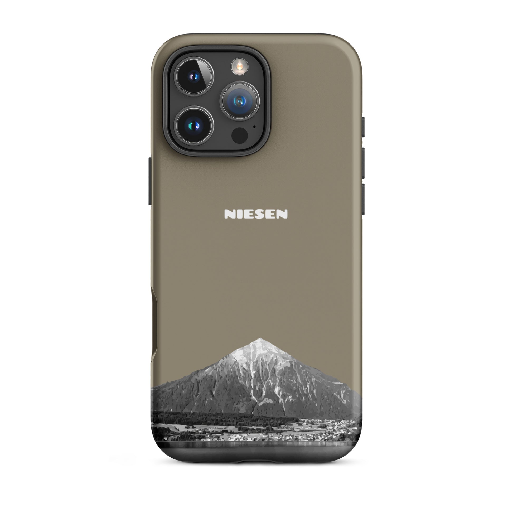 Graubraune, matte iPhone 16 Pro Max Handyhülle mit Niesen-Design am Thunersee im Berner Oberland.
