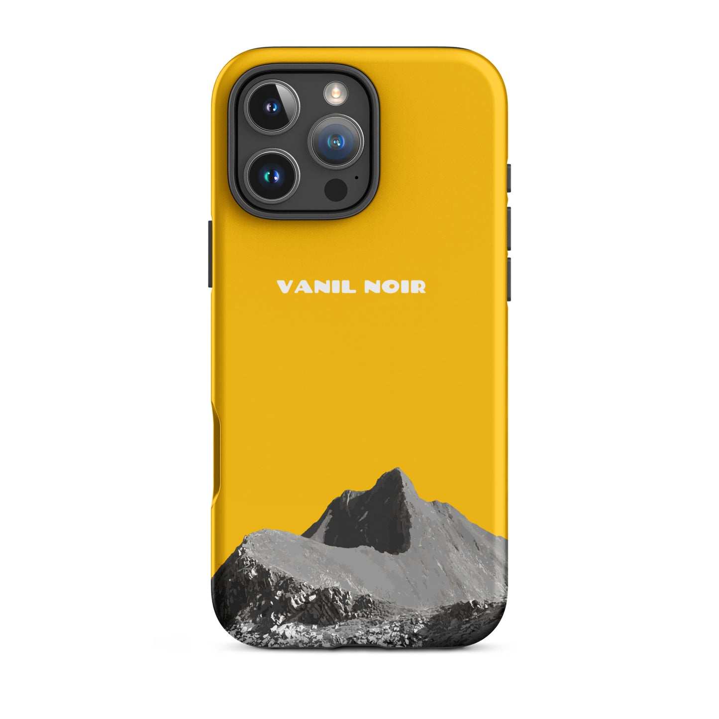 Goldgelbe iPhone 16 Pro Max Hülle aus mattem Material mit Vanil Noir Design, Vorderansicht.